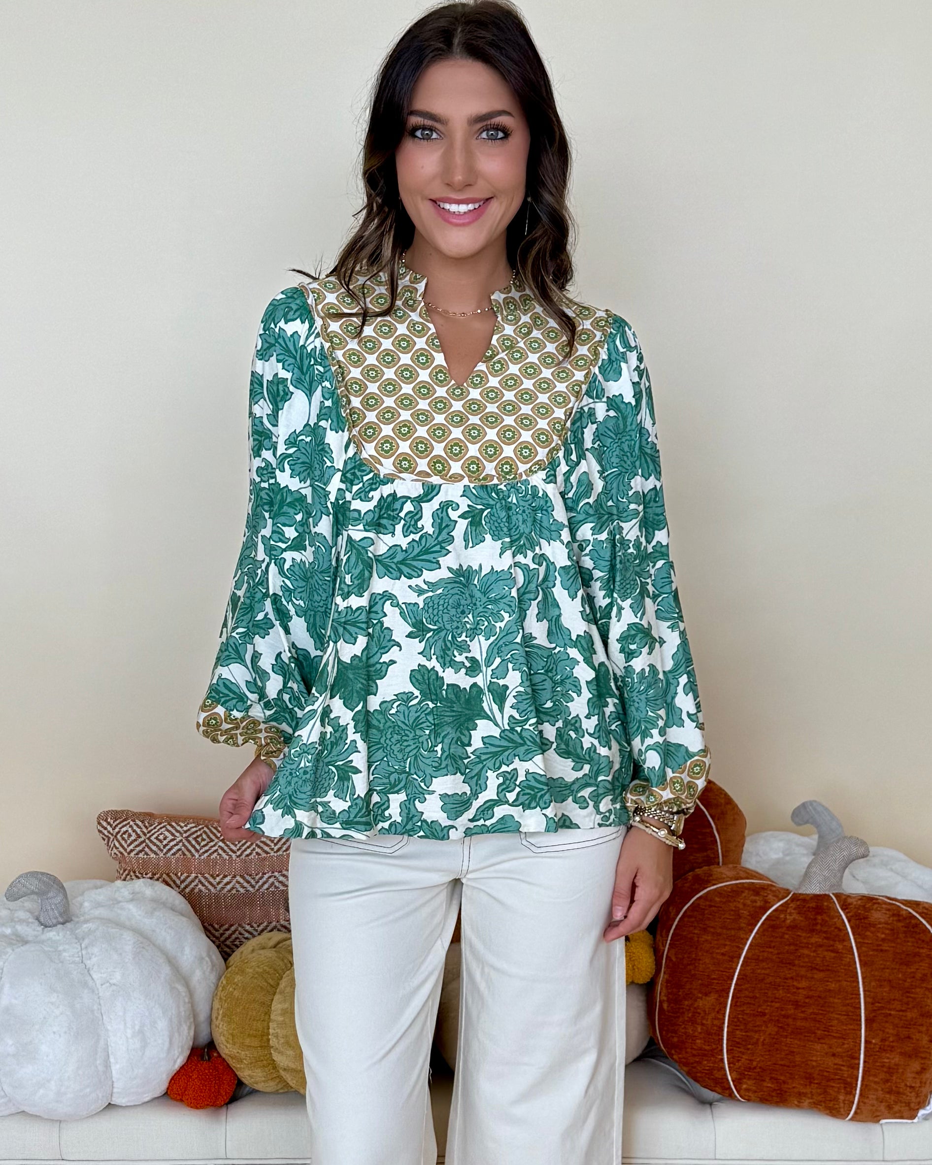 Work It Out Green Abstract Yoke Top-Shop-Womens-Boutique-Clothing