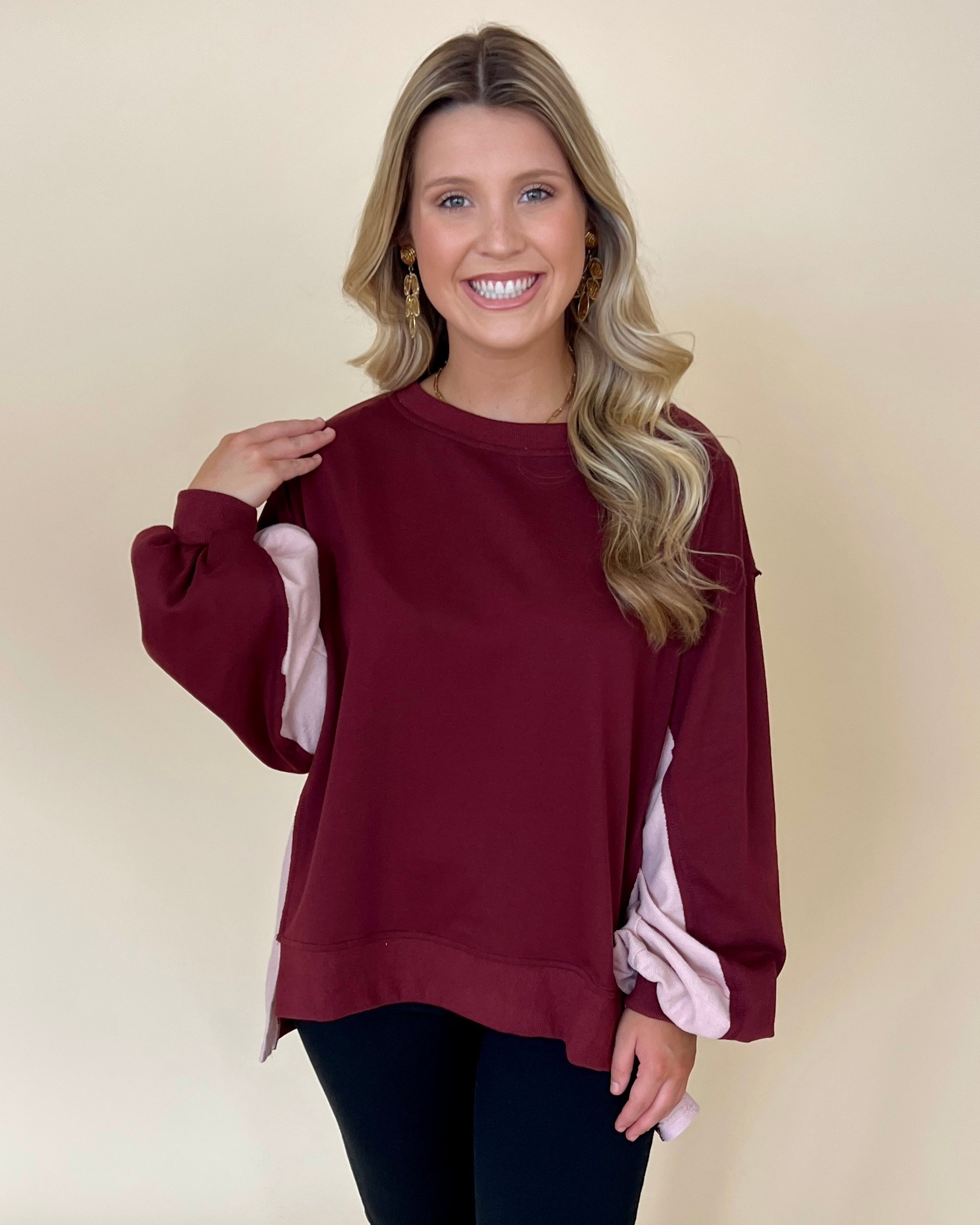 Feels So Right Burgundy Color Block French Terry Top-Shop-Womens-Boutique-Clothing