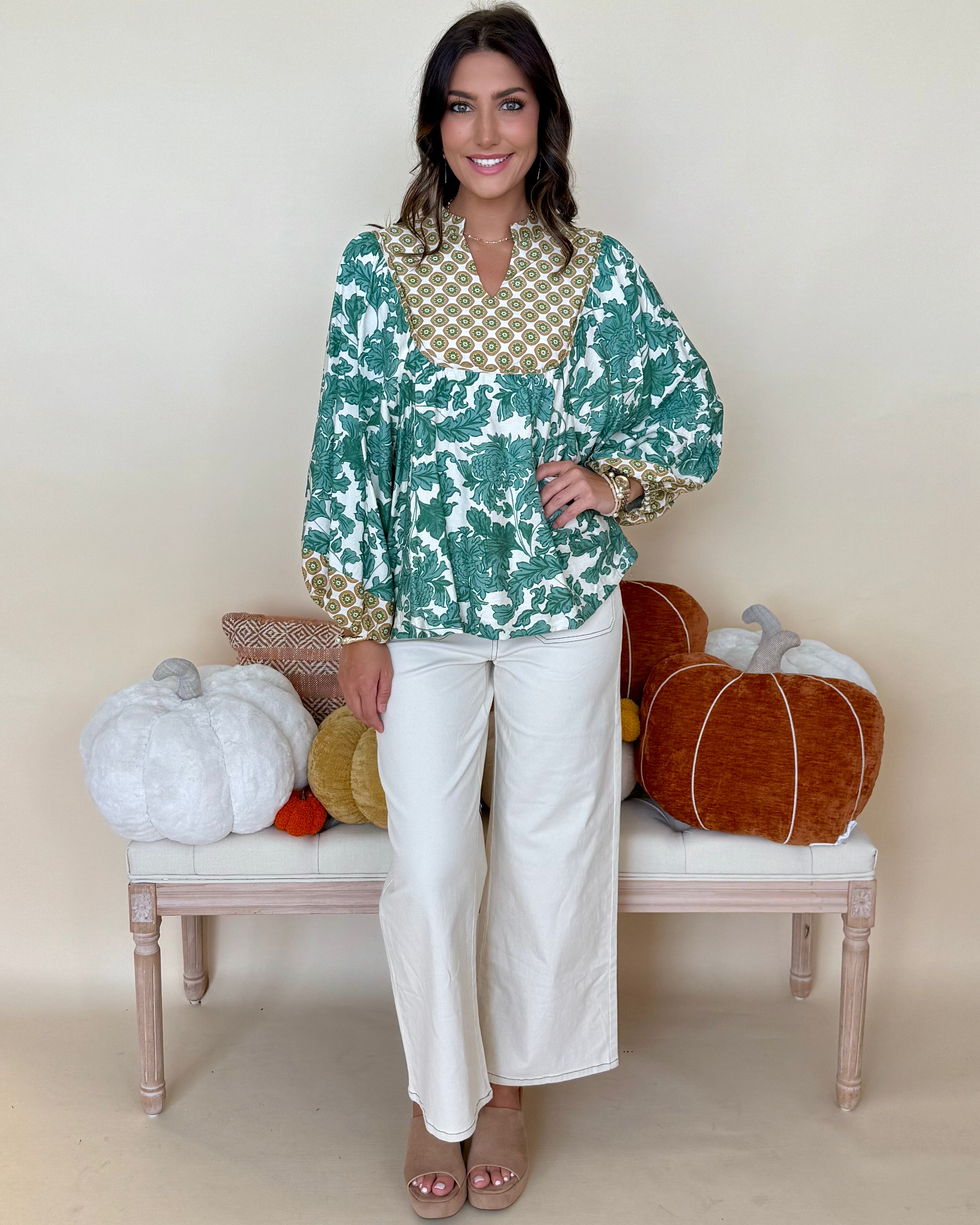 Work It Out Green Abstract Yoke Top-Shop-Womens-Boutique-Clothing