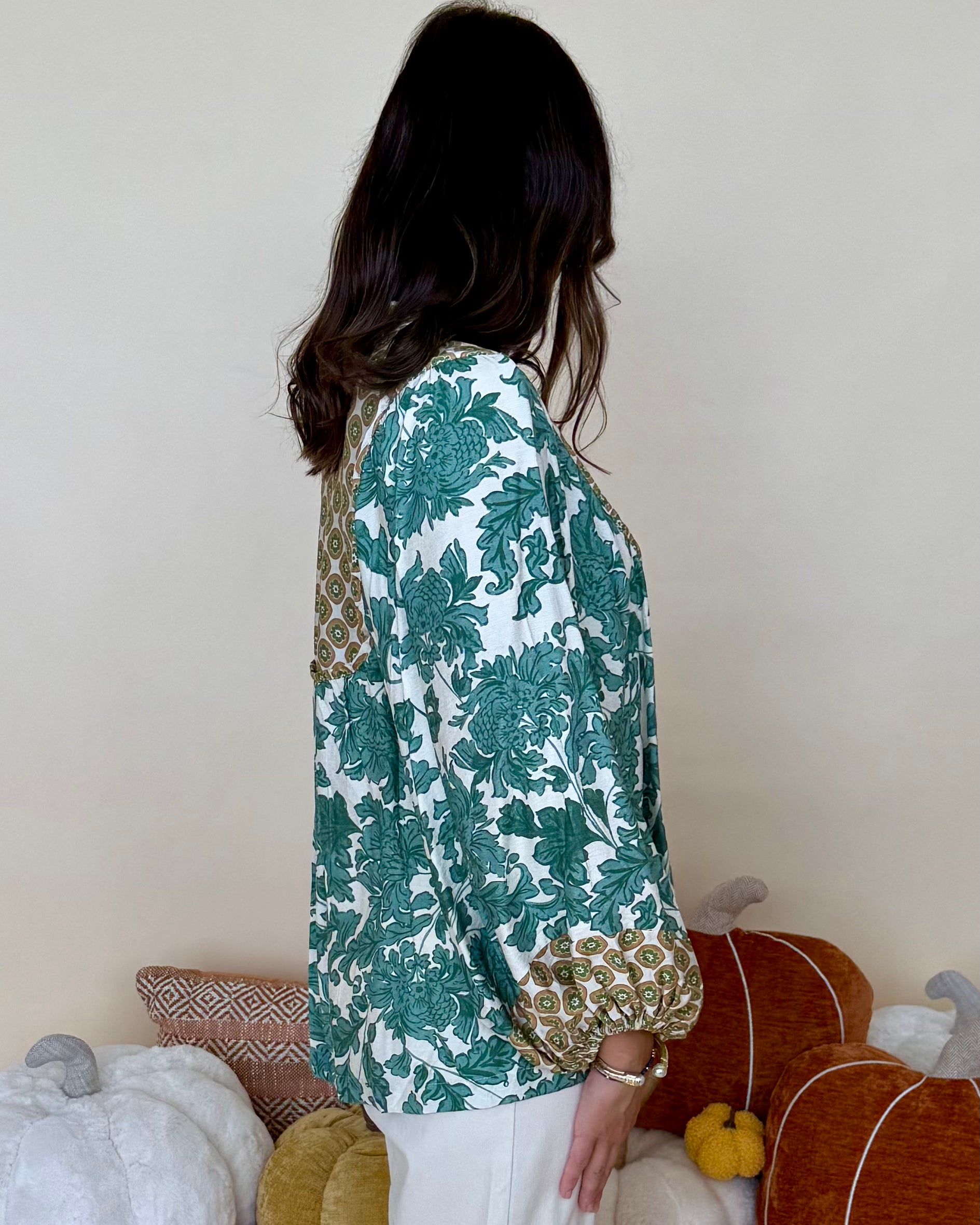 Work It Out Green Abstract Yoke Top-Shop-Womens-Boutique-Clothing