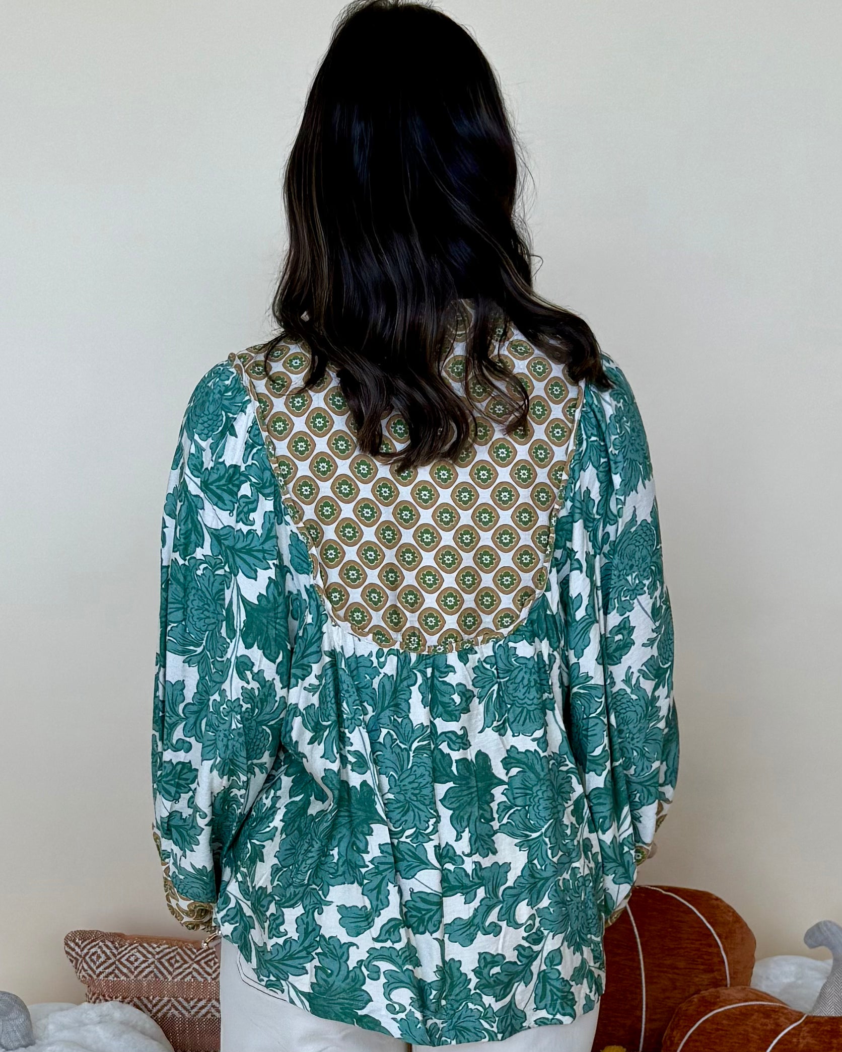 Work It Out Green Abstract Yoke Top-Shop-Womens-Boutique-Clothing