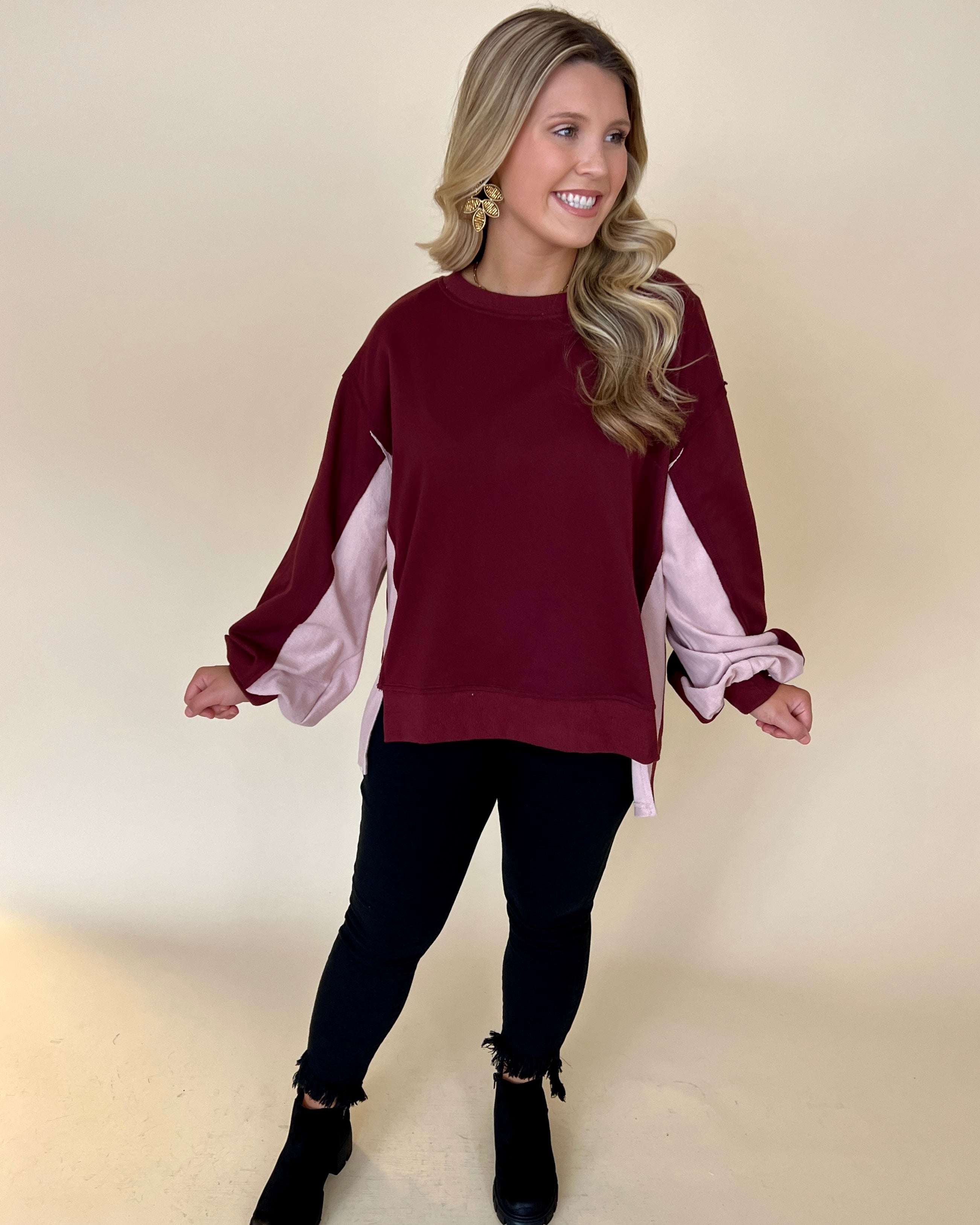 Feels So Right Burgundy Color Block French Terry Top-Shop-Womens-Boutique-Clothing
