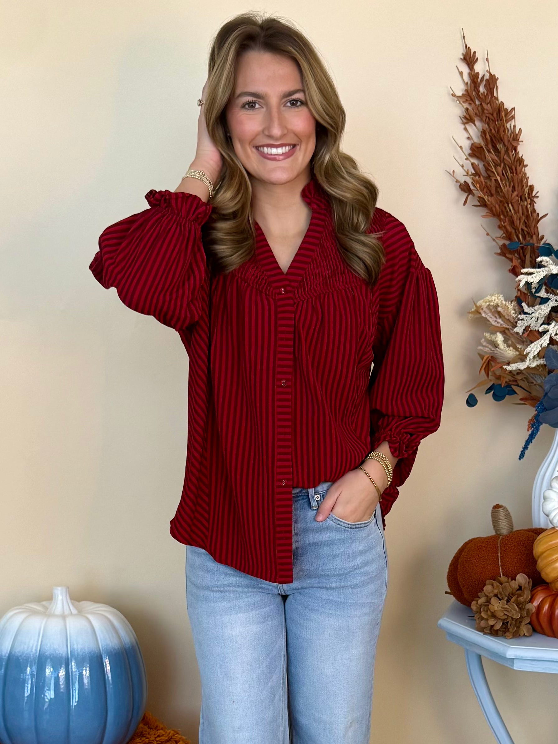 Serene Energy Crimson Stripe Seersucker Button Down Top-Shop-Womens-Boutique-Clothing