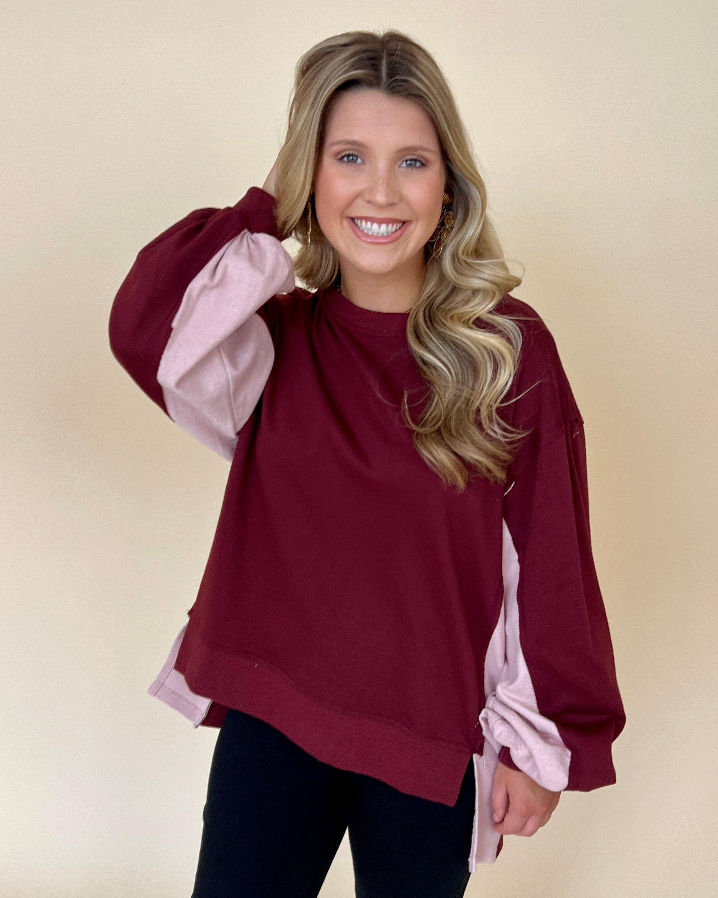 Feels So Right Burgundy Color Block French Terry Top-Shop-Womens-Boutique-Clothing