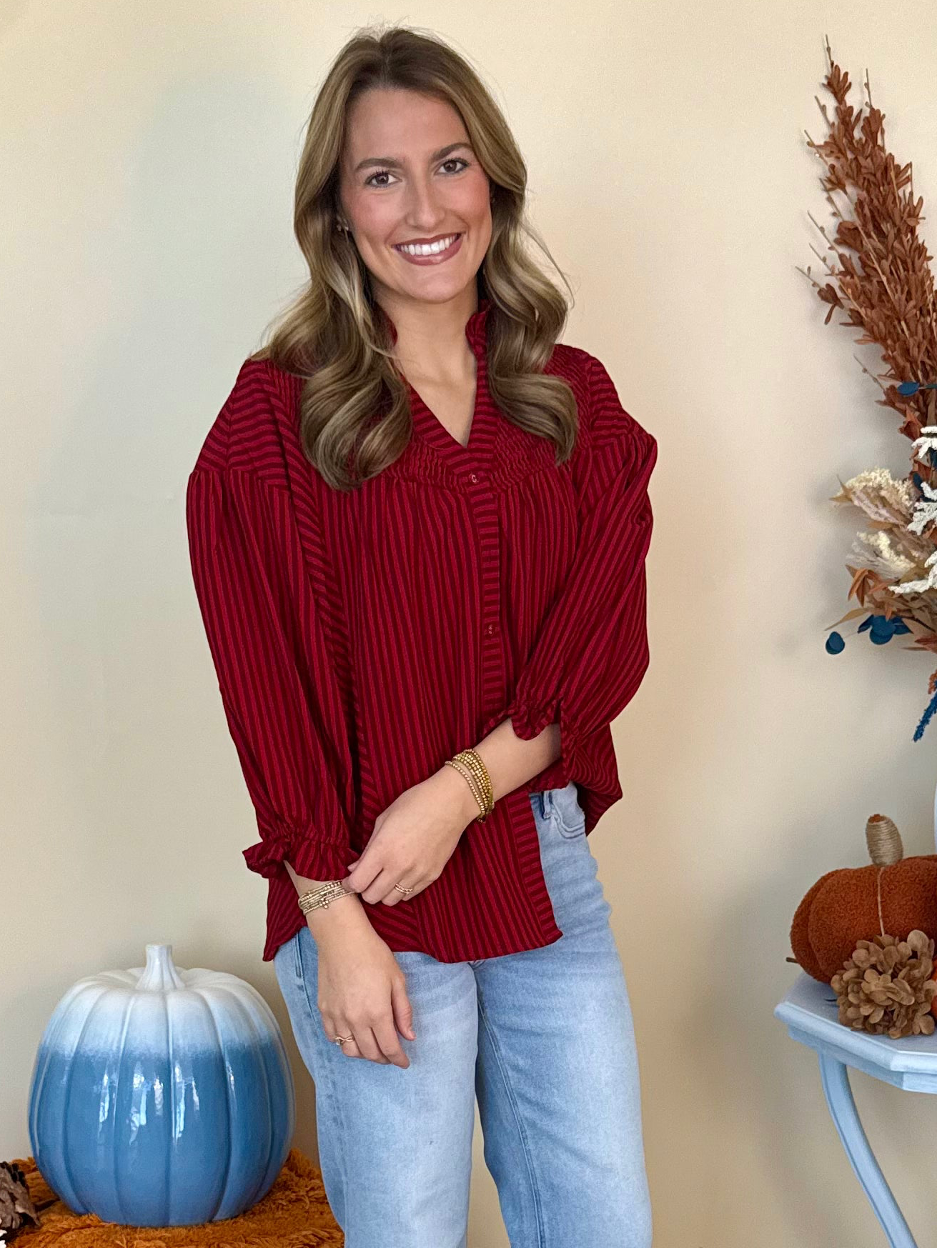 Serene Energy Crimson Stripe Seersucker Button Down Top-Shop-Womens-Boutique-Clothing