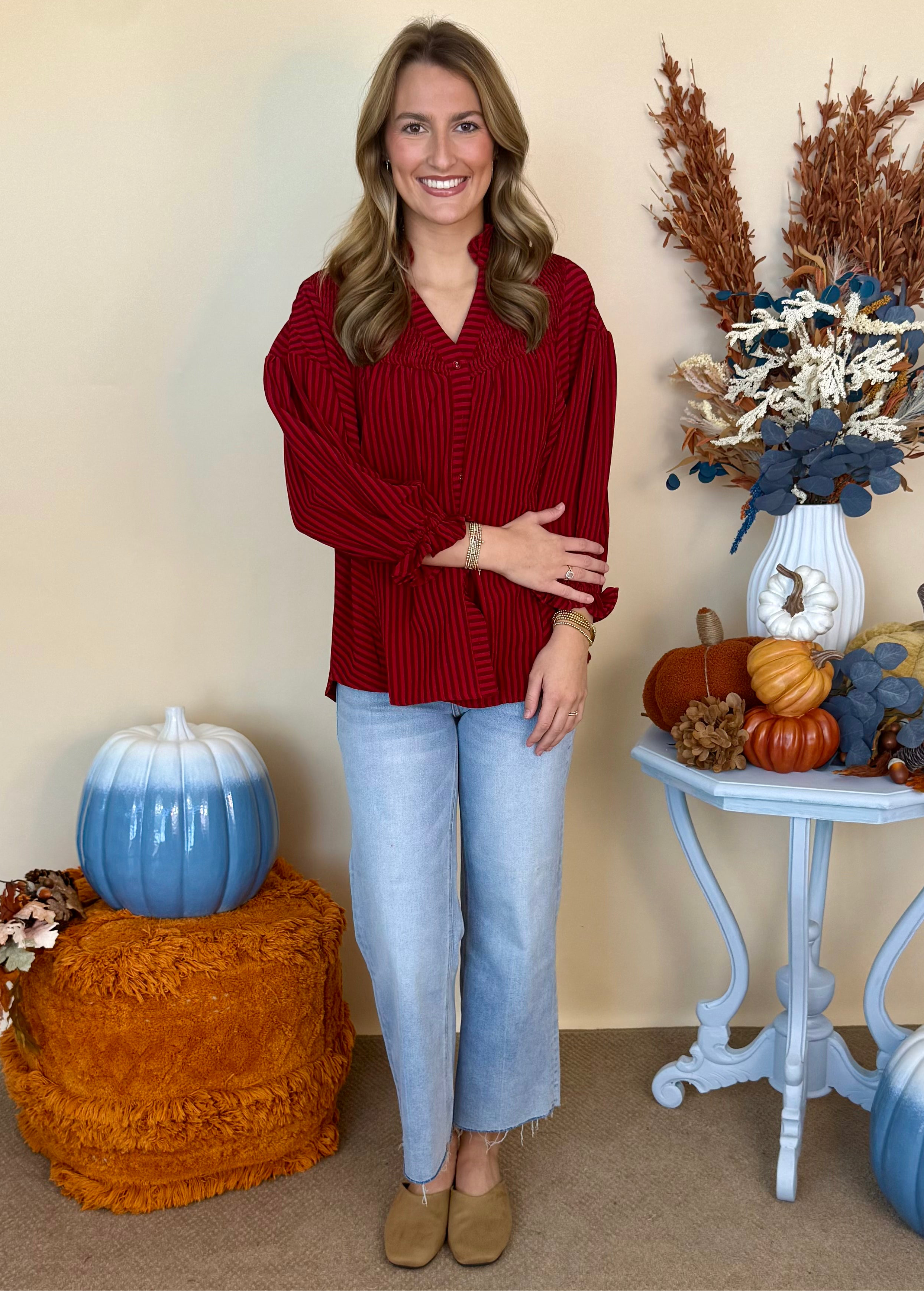 Serene Energy Crimson Stripe Seersucker Button Down Top-Shop-Womens-Boutique-Clothing