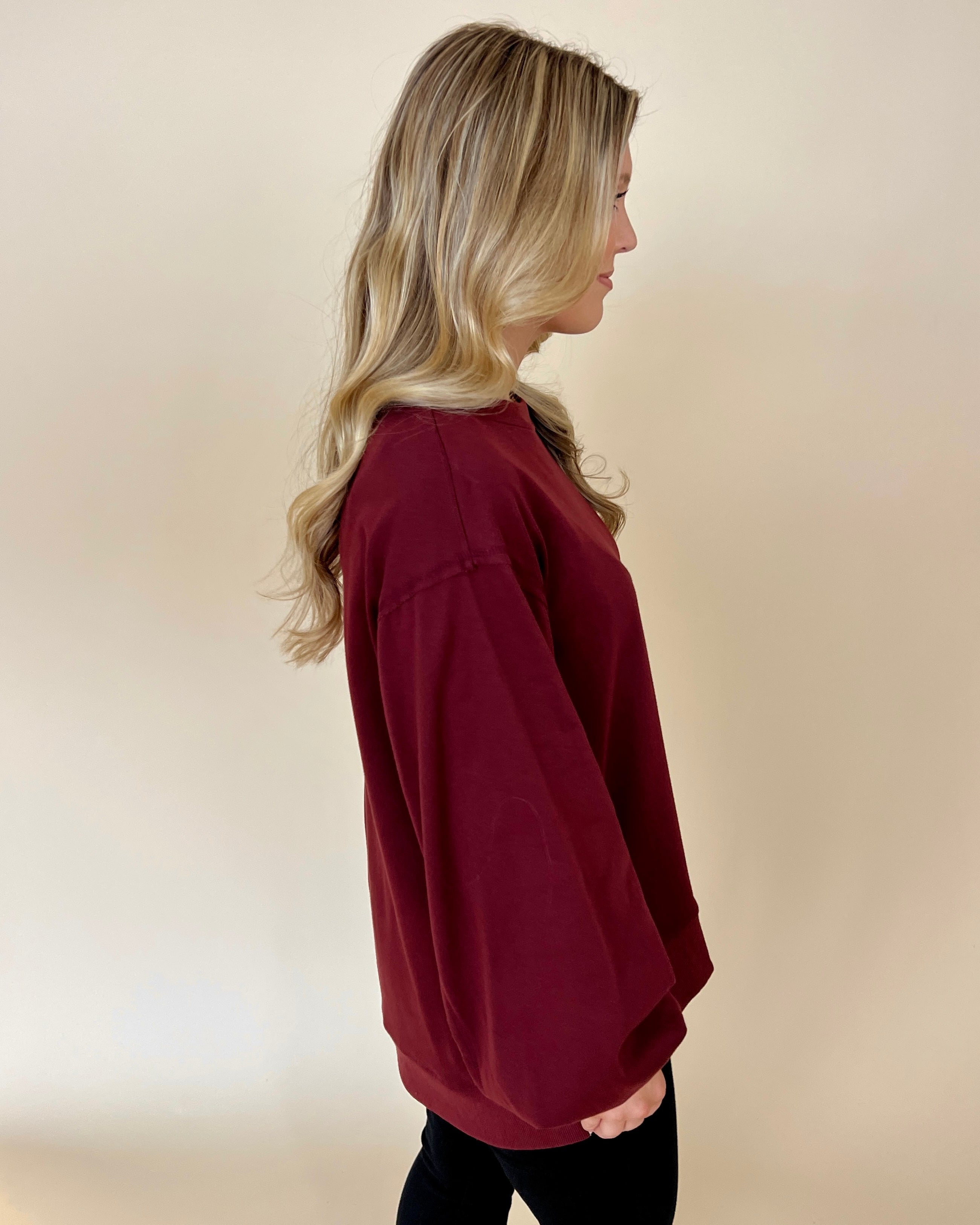 Feels So Right Burgundy Color Block French Terry Top-Shop-Womens-Boutique-Clothing