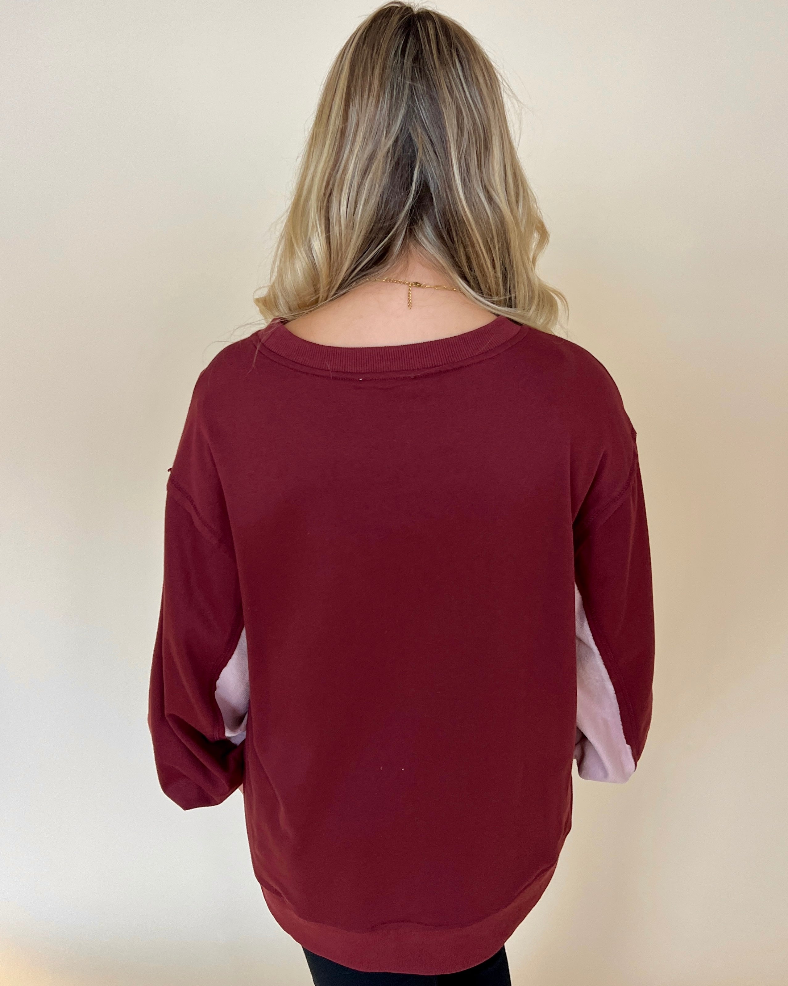 Feels So Right Burgundy Color Block French Terry Top-Shop-Womens-Boutique-Clothing