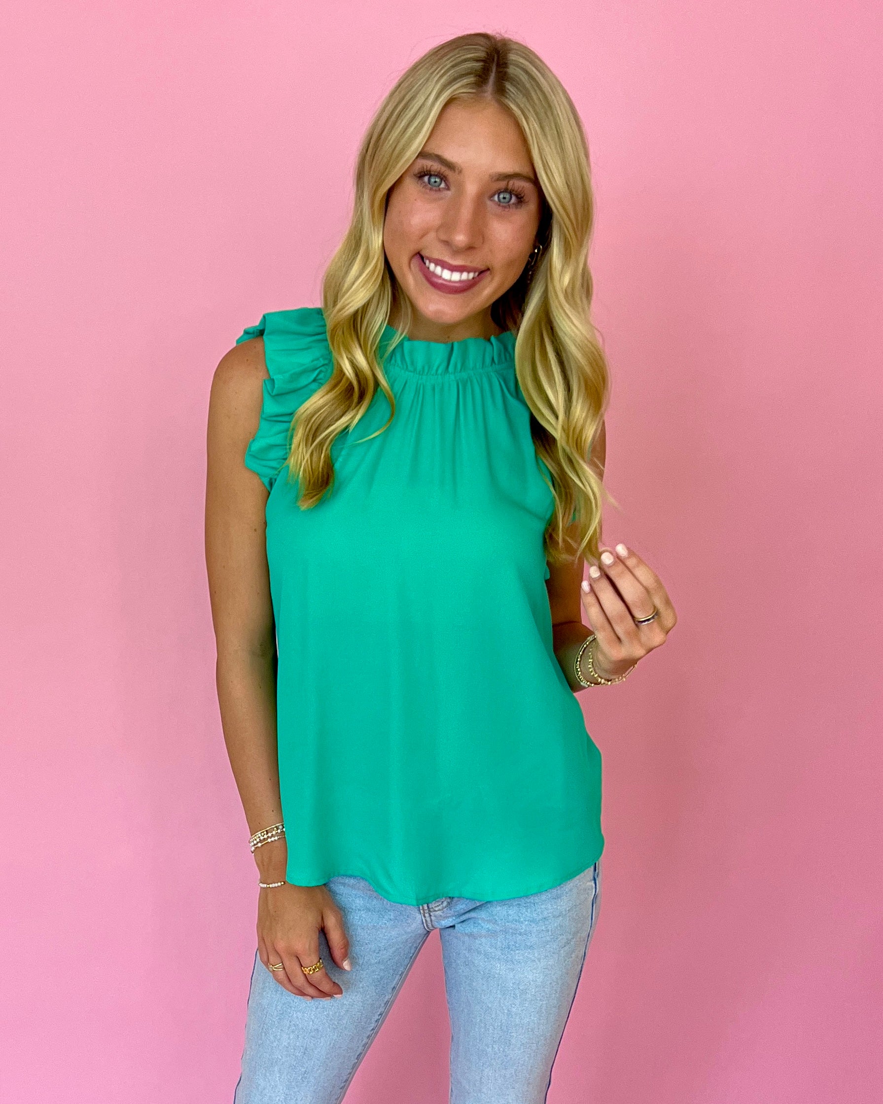 Tried And True Kelly Green High Neck Ruffle Sleeve Tank Top-Shop-Womens-Boutique-Clothing
