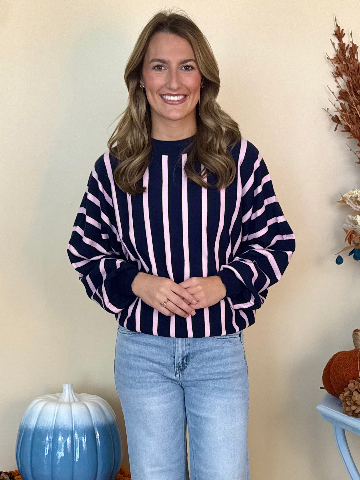 Sweet Nothings Navy Batwing Sleeve Vertical Stripe Sweater-Shop-Womens-Boutique-Clothing