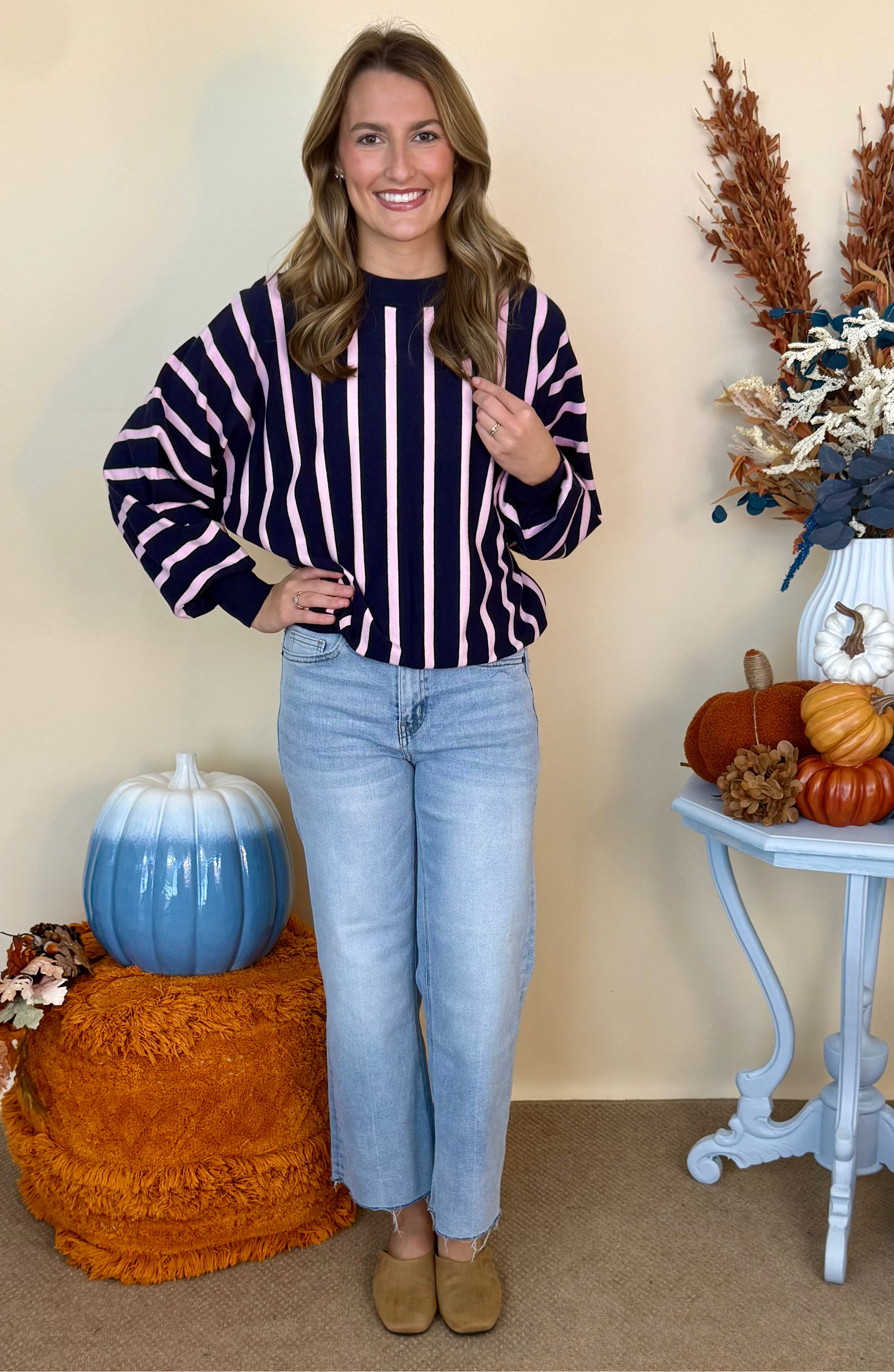 Sweet Nothings Navy Batwing Sleeve Vertical Stripe Sweater-Shop-Womens-Boutique-Clothing