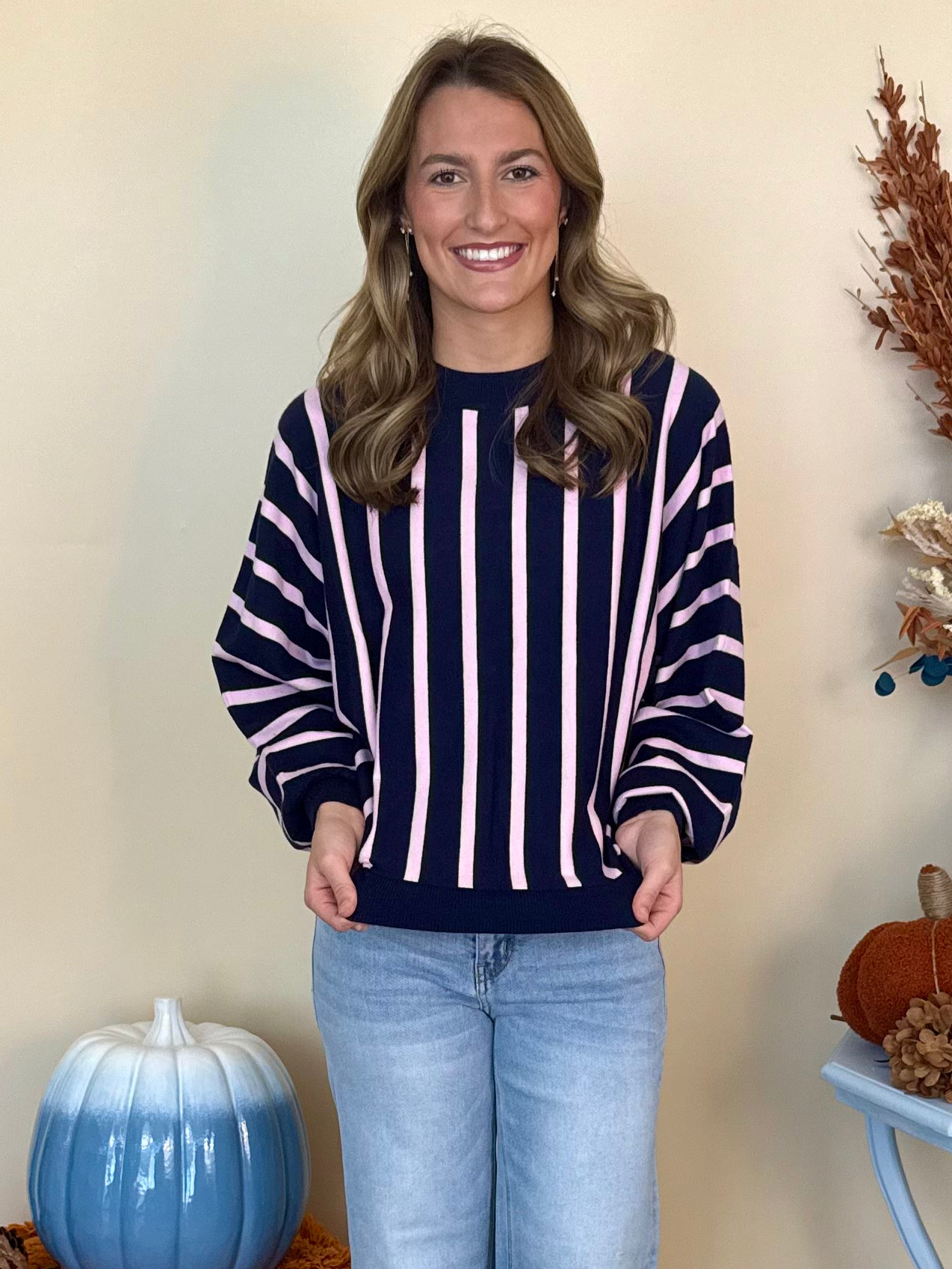 Sweet Nothings Navy Batwing Sleeve Vertical Stripe Sweater-Shop-Womens-Boutique-Clothing