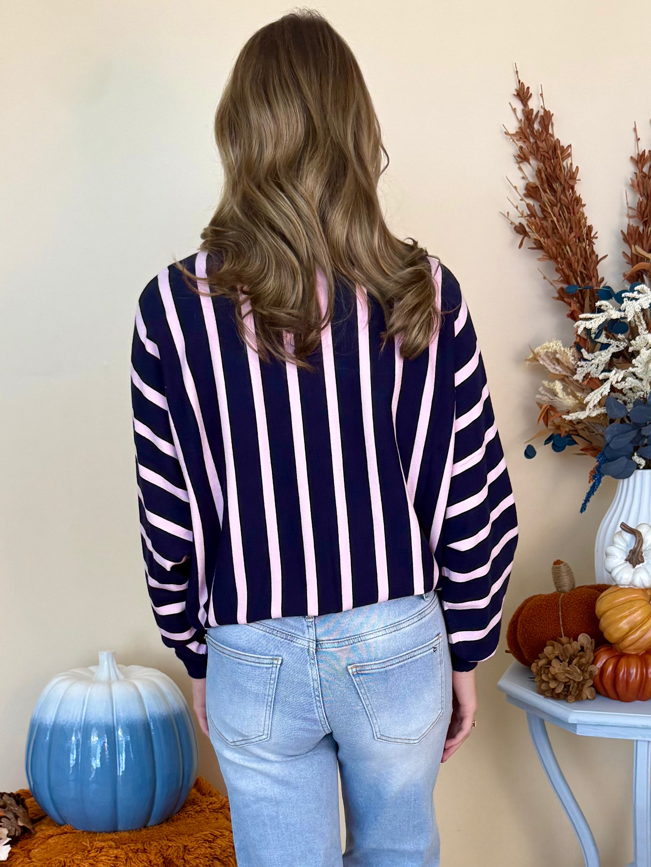 Sweet Nothings Navy Batwing Sleeve Vertical Stripe Sweater-Shop-Womens-Boutique-Clothing