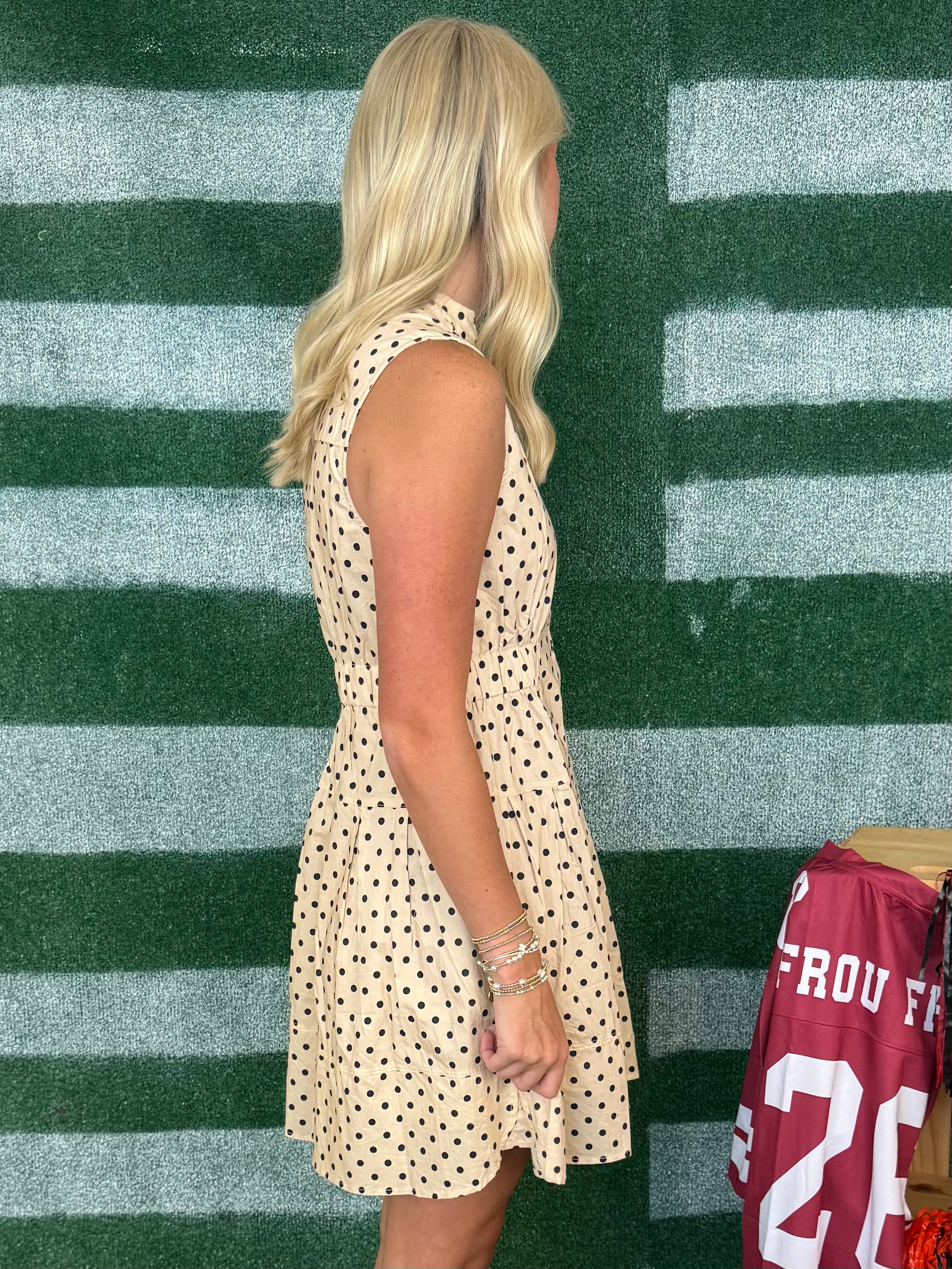 Kickoff Queen Ecru Sleeveless Polka Dot Button Front Dress-Shop-Womens-Boutique-Clothing