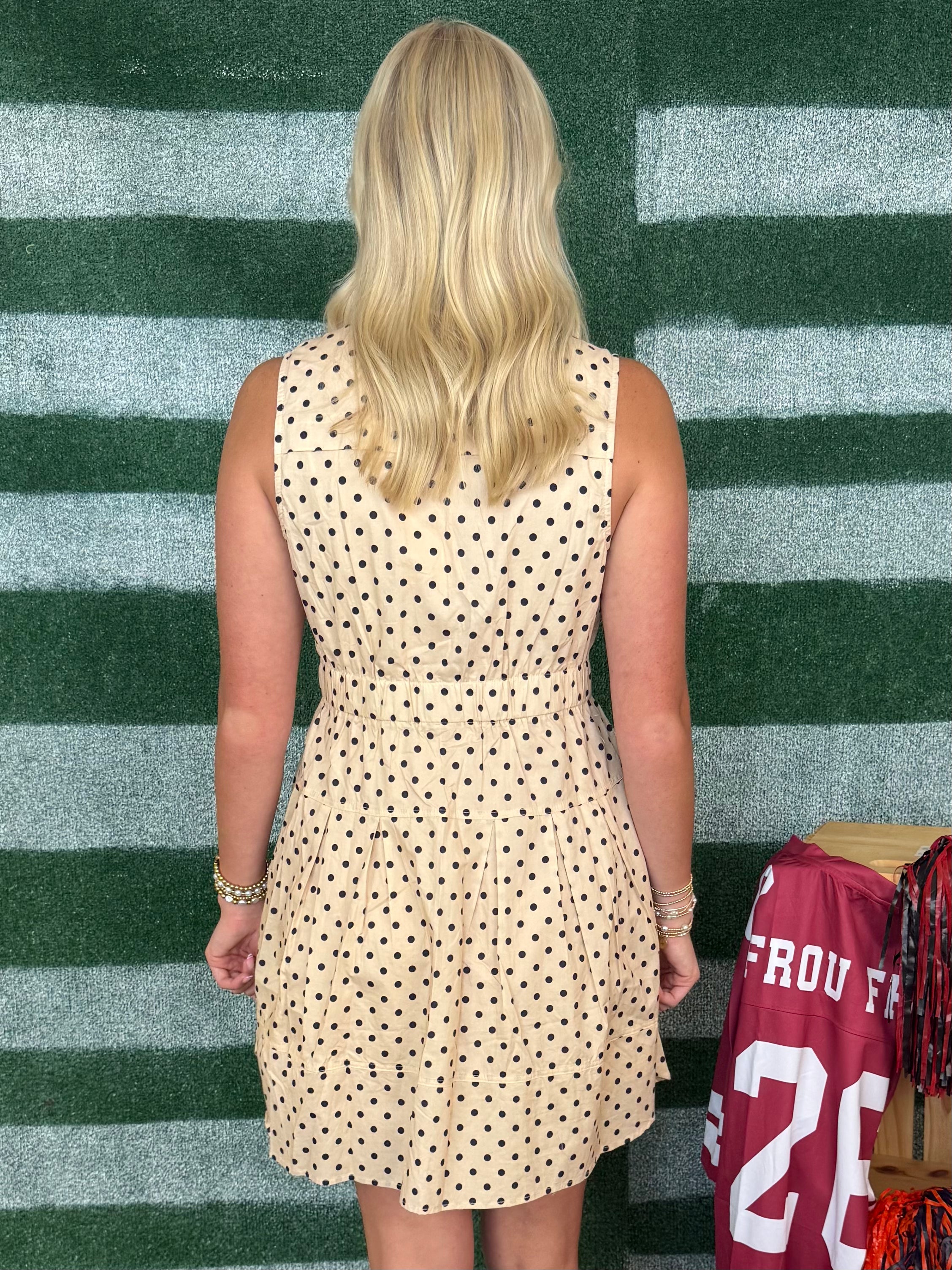 Kickoff Queen Ecru Sleeveless Polka Dot Button Front Dress-Shop-Womens-Boutique-Clothing