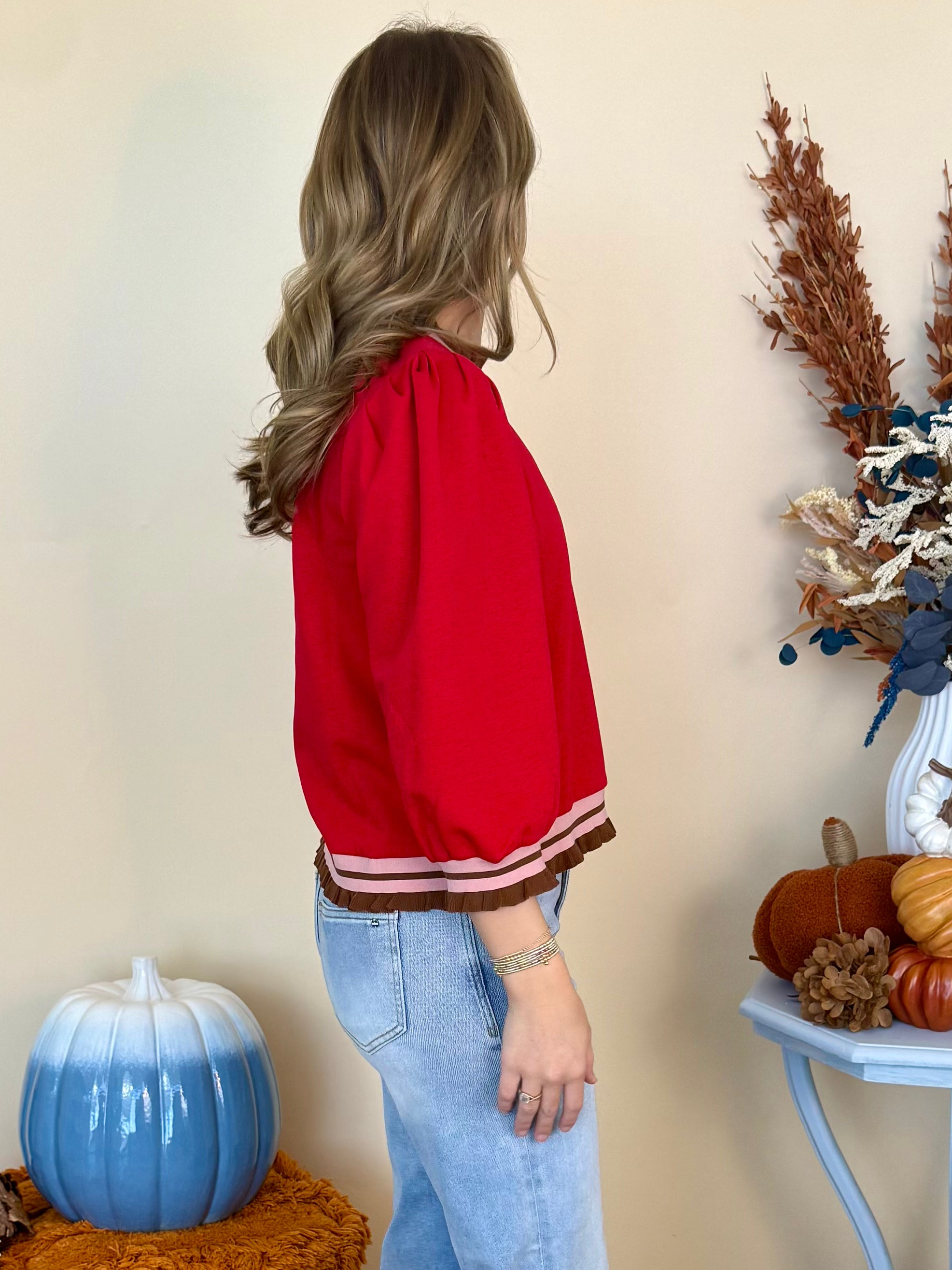 Golden Fields Red 3/4 Sleeve Ribbed Banded Top-Shop-Womens-Boutique-Clothing