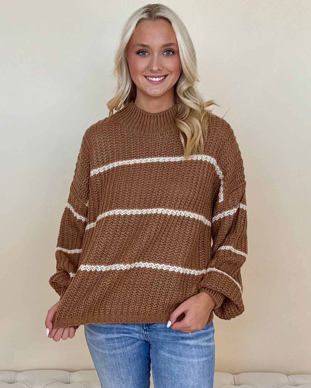 Comfort Knit Deep Camel Oversized Striped Sweater-Shop-Womens-Boutique-Clothing
