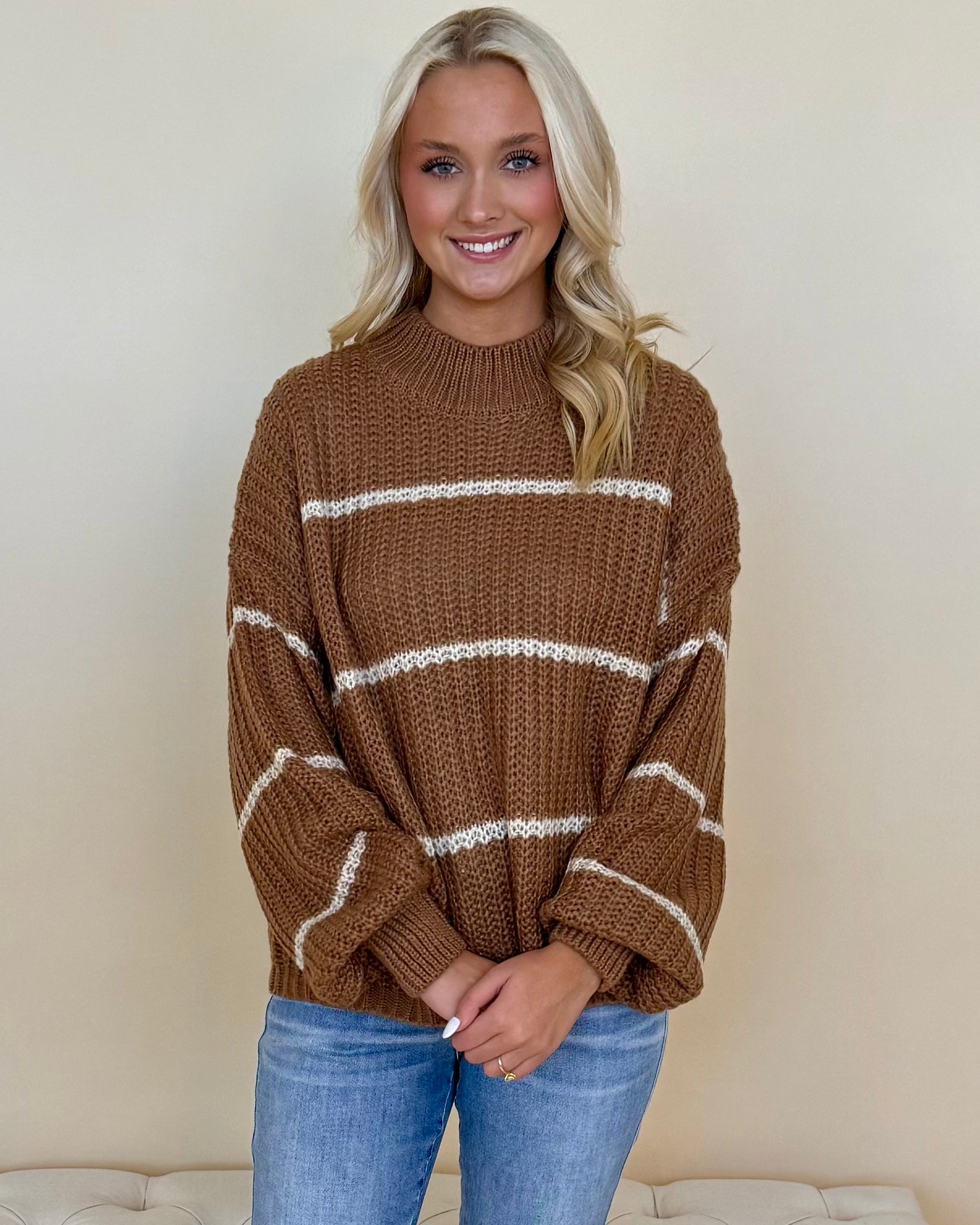 Comfort Knit Deep Camel Oversized Striped Sweater-Shop-Womens-Boutique-Clothing
