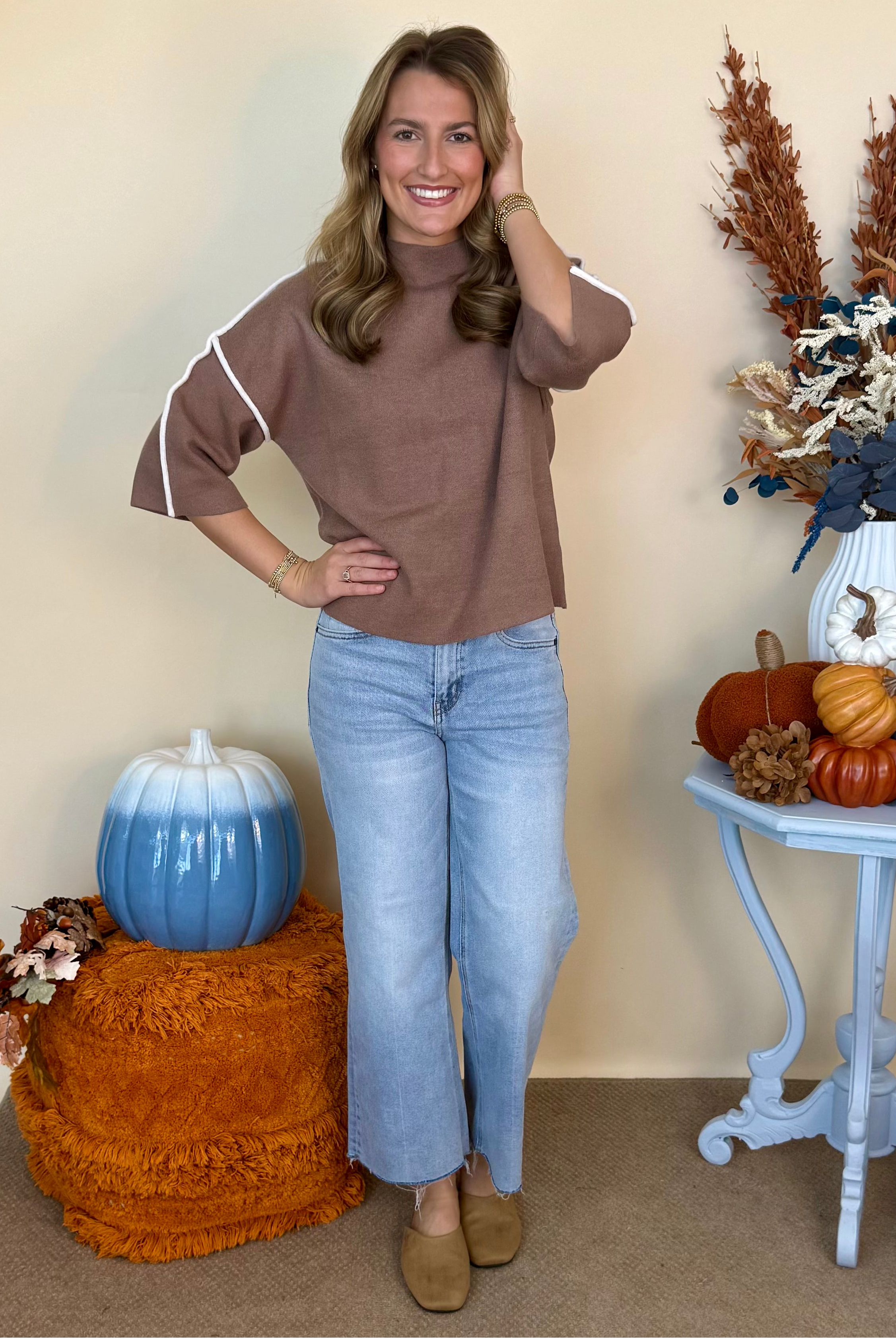 Always Going Mocha 3/4 Sleeve Mock Neck Sweater-Shop-Womens-Boutique-Clothing