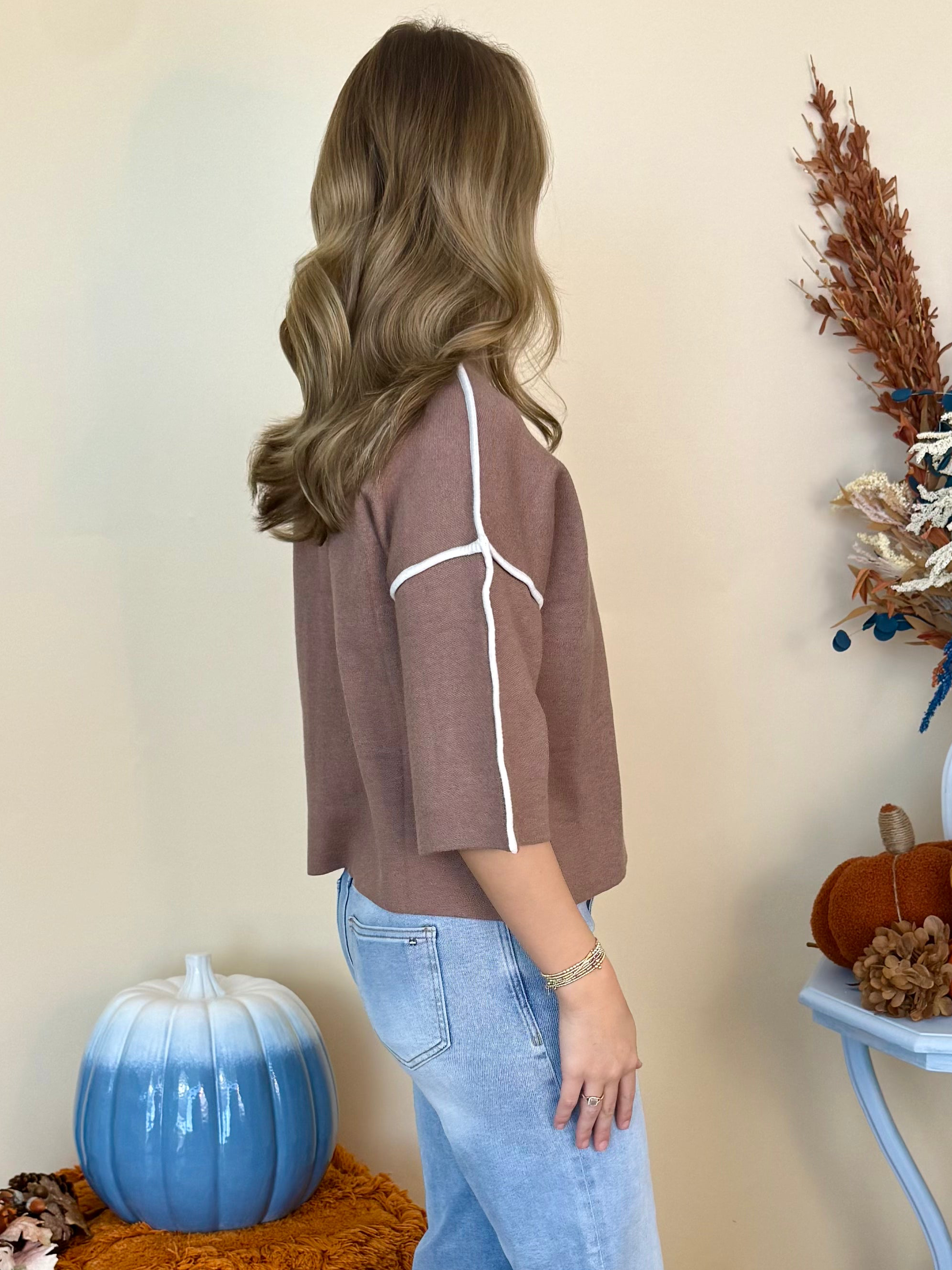 Always Going Mocha 3/4 Sleeve Mock Neck Sweater-Shop-Womens-Boutique-Clothing