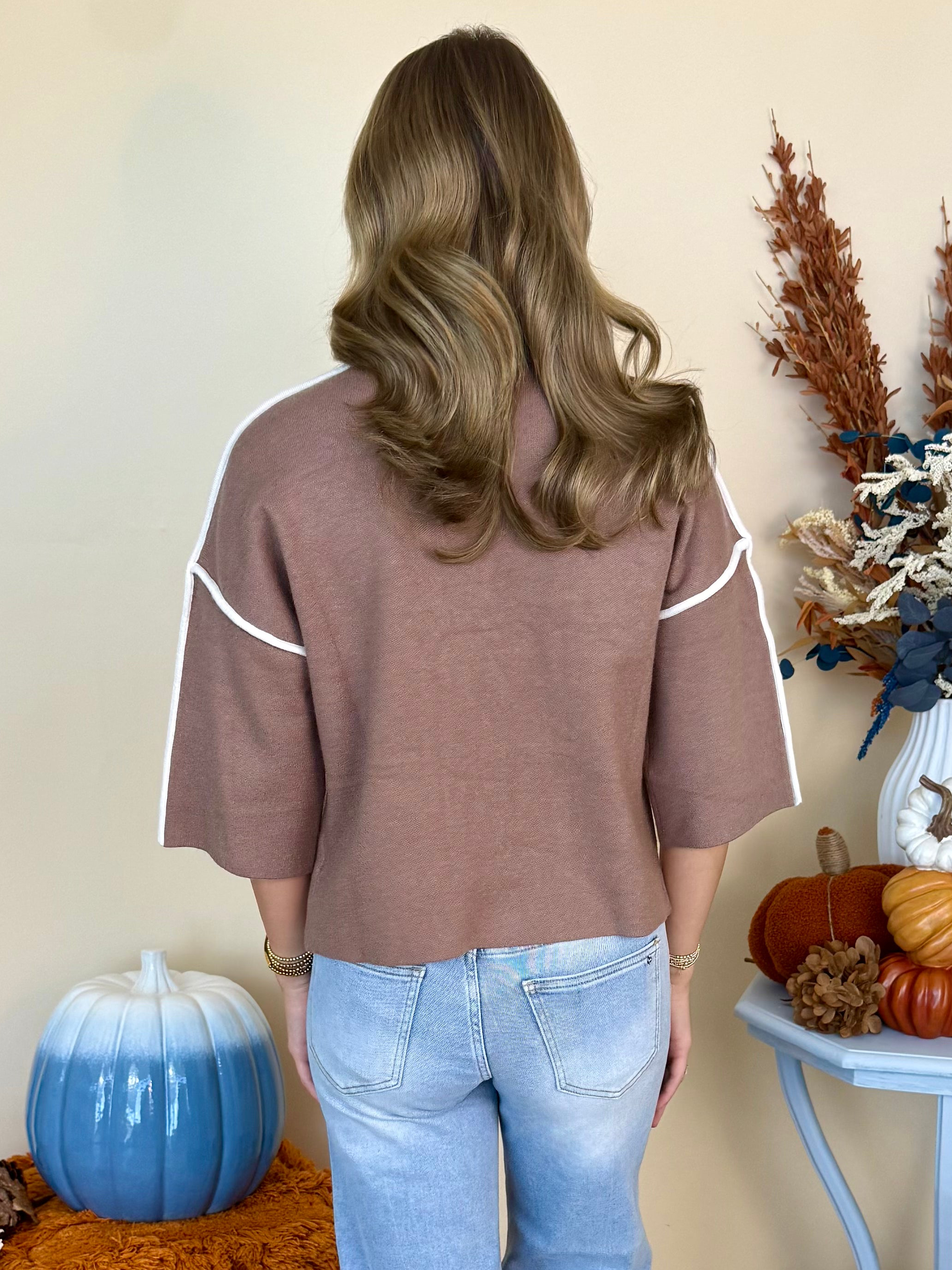 Always Going Mocha 3/4 Sleeve Mock Neck Sweater-Shop-Womens-Boutique-Clothing
