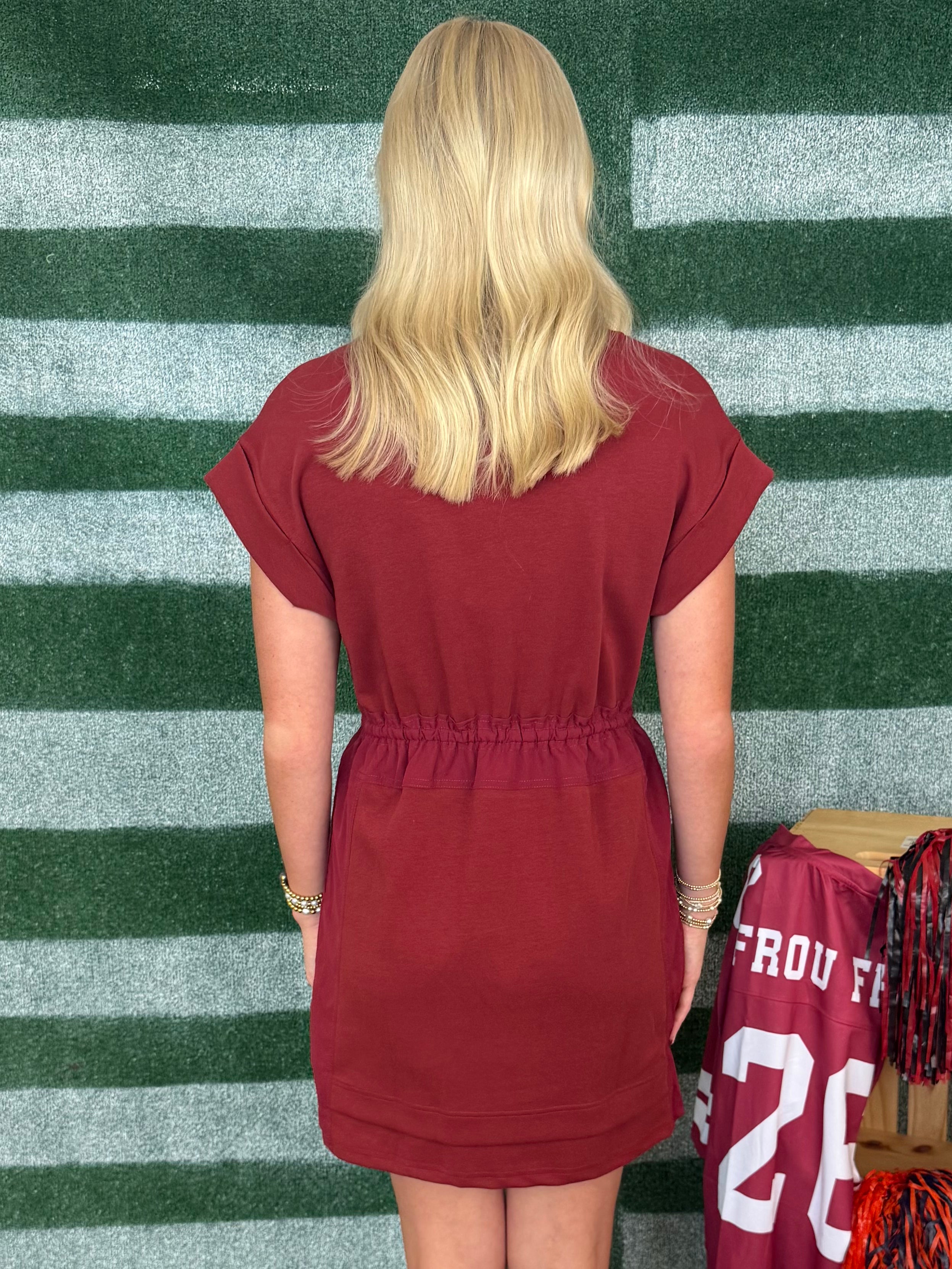 Finish Line Burgundy Tie Waist Dress-Shop-Womens-Boutique-Clothing