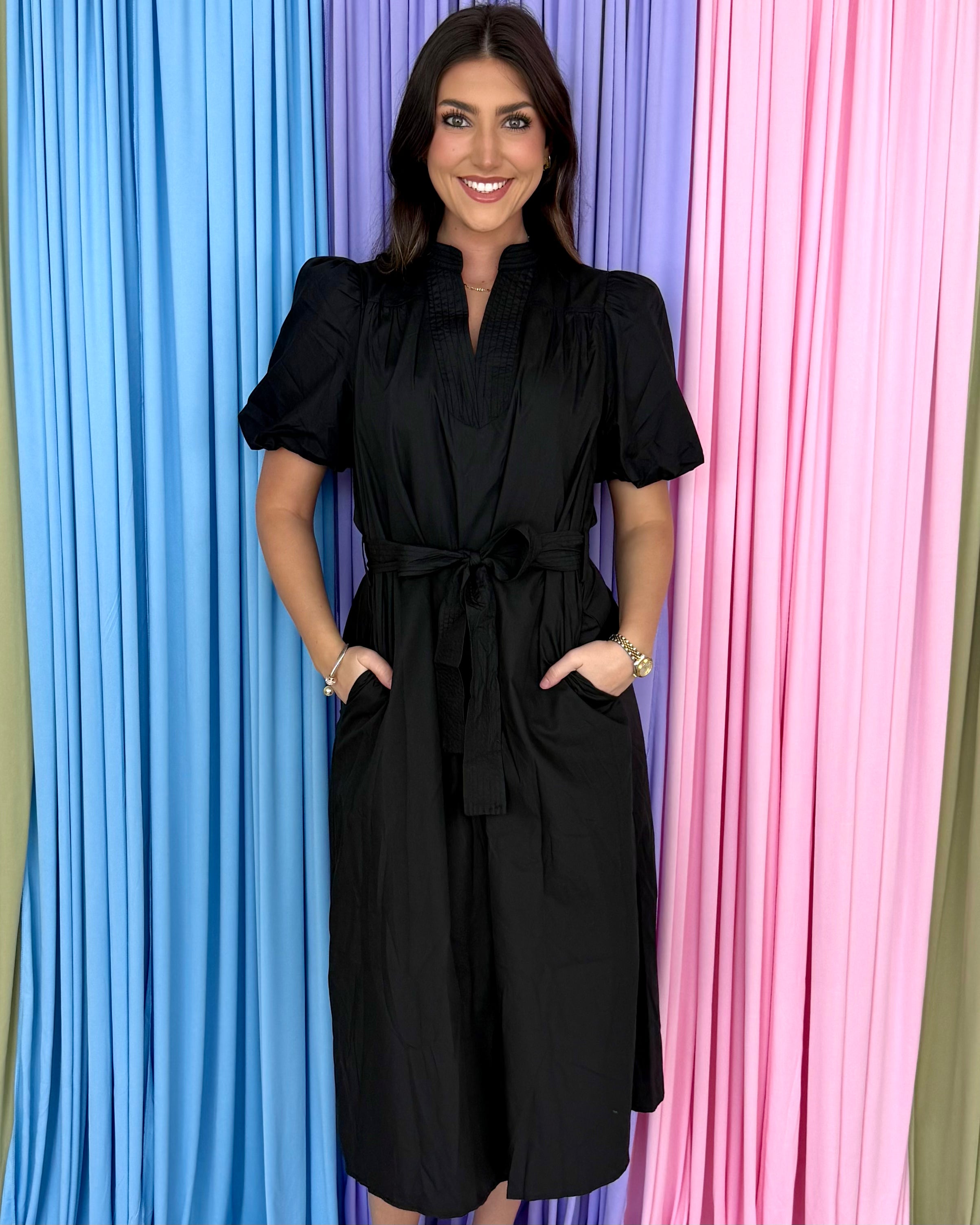 Little Lovely Black Belted Midi Dress-Shop-Womens-Boutique-Clothing