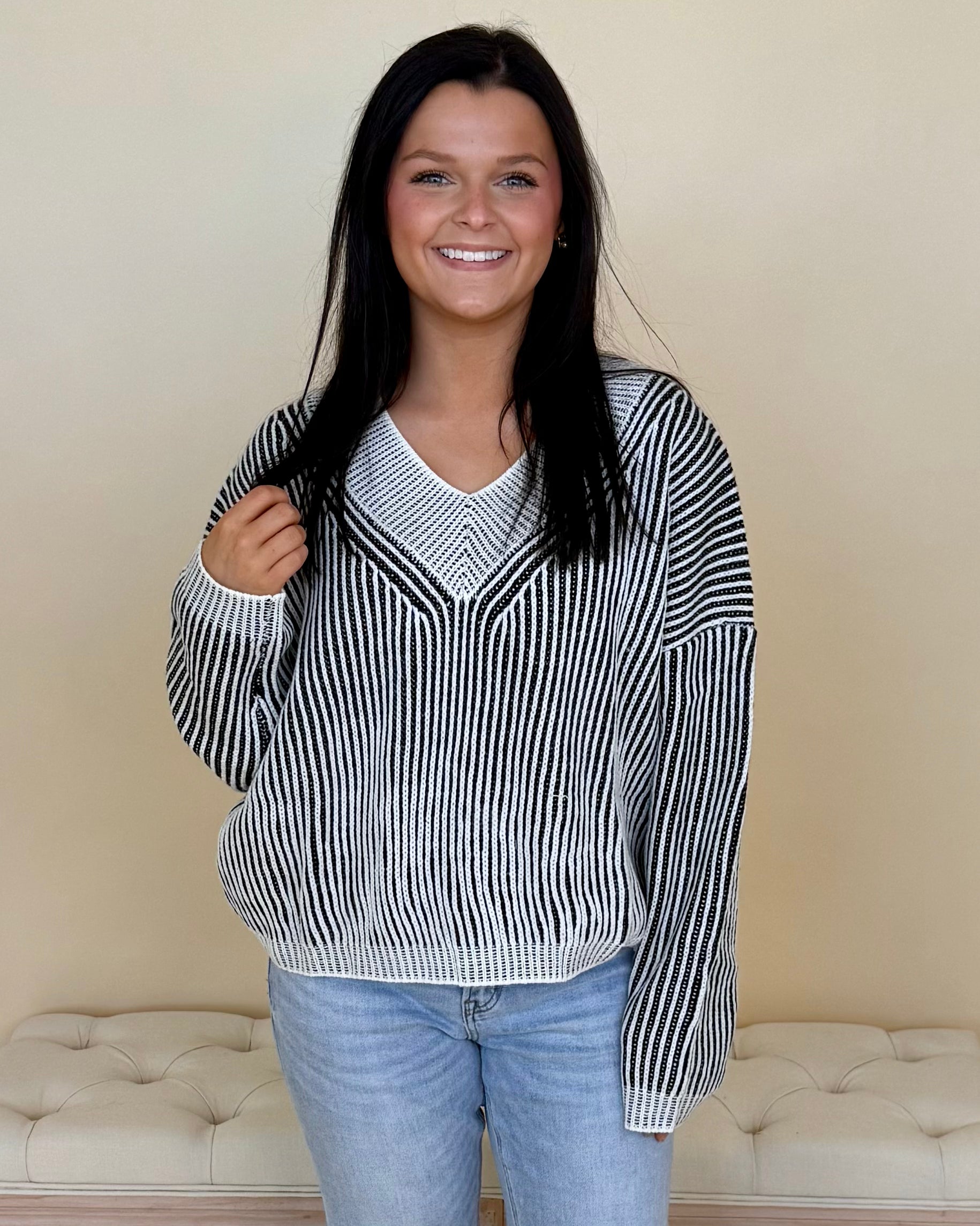 Own Moments Black Striped V-Neck Sweater-Shop-Womens-Boutique-Clothing