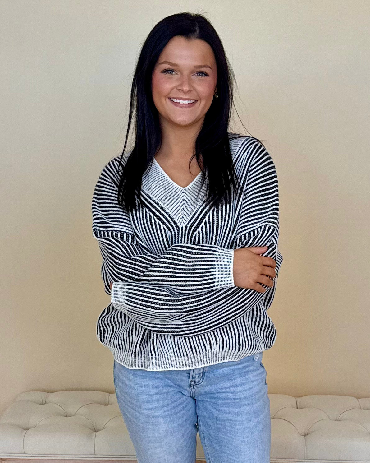 Own Moments Black Striped V-Neck Sweater-Shop-Womens-Boutique-Clothing