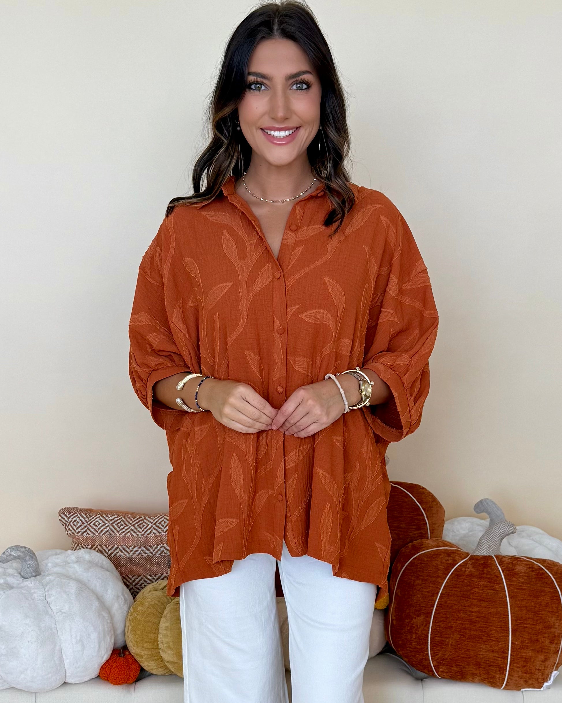 Softly Spoken Rust Jacquard Leaf Top-Shop-Womens-Boutique-Clothing