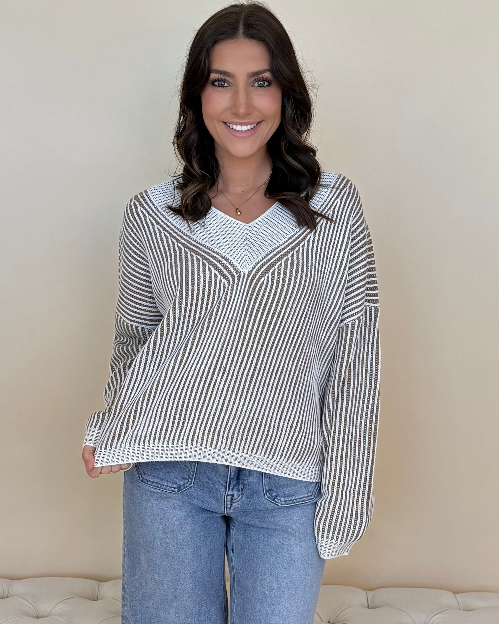 Own Moments Taupe Striped V-Neck Sweater-Shop-Womens-Boutique-Clothing