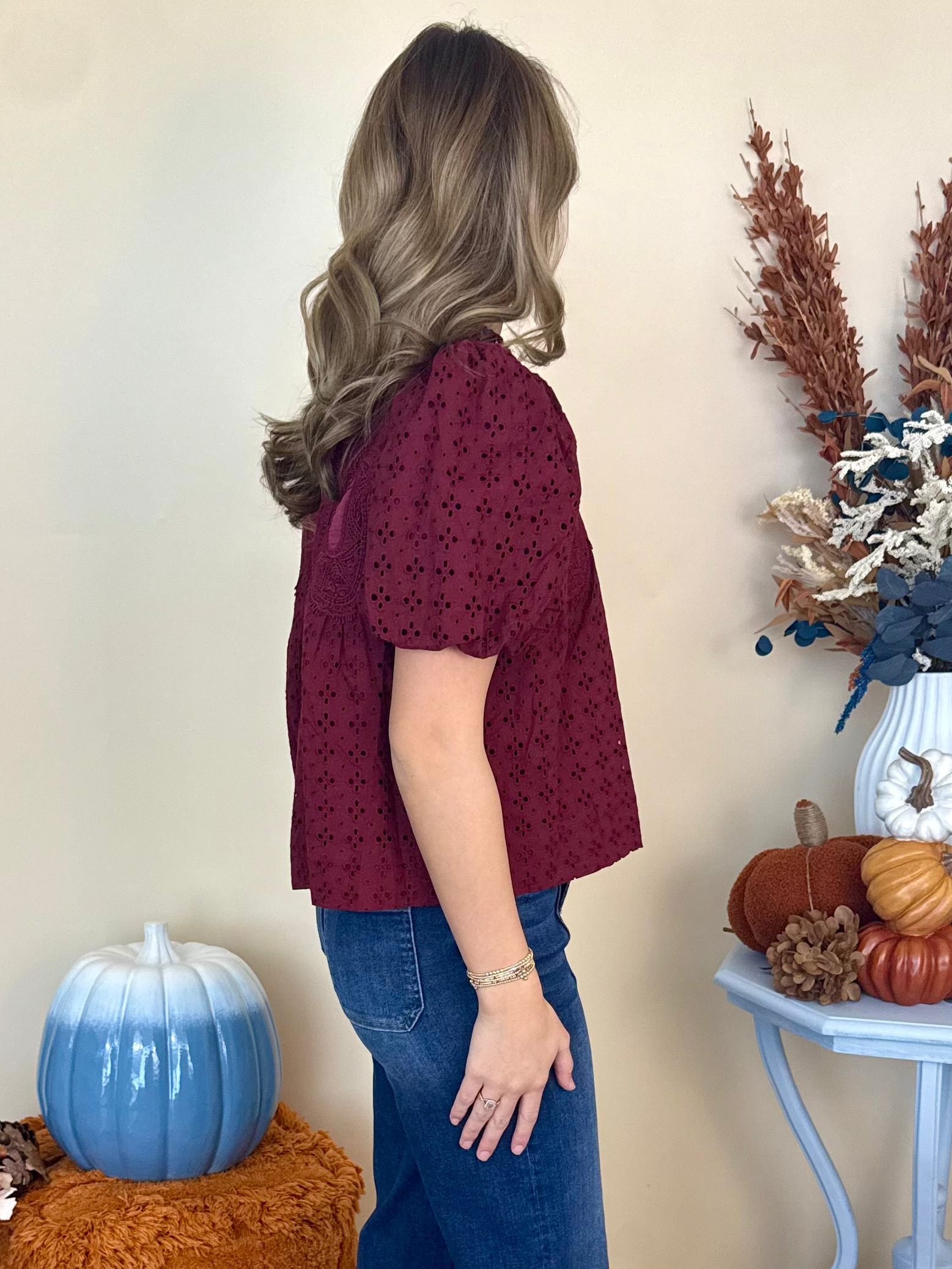 Wildly Yours Burgundy Eyelet Crochet Trim Top-Shop-Womens-Boutique-Clothing