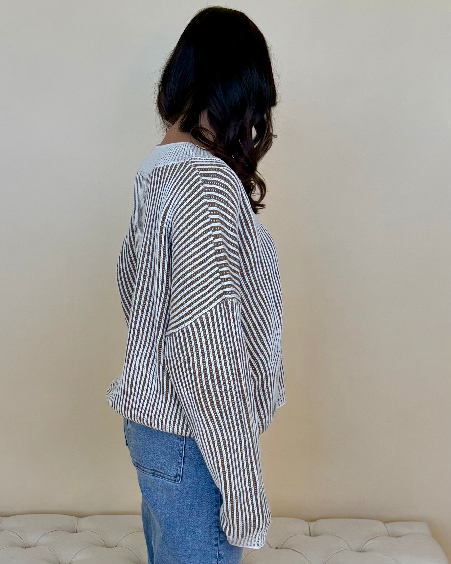Own Moments Taupe Striped V-Neck Sweater-Shop-Womens-Boutique-Clothing