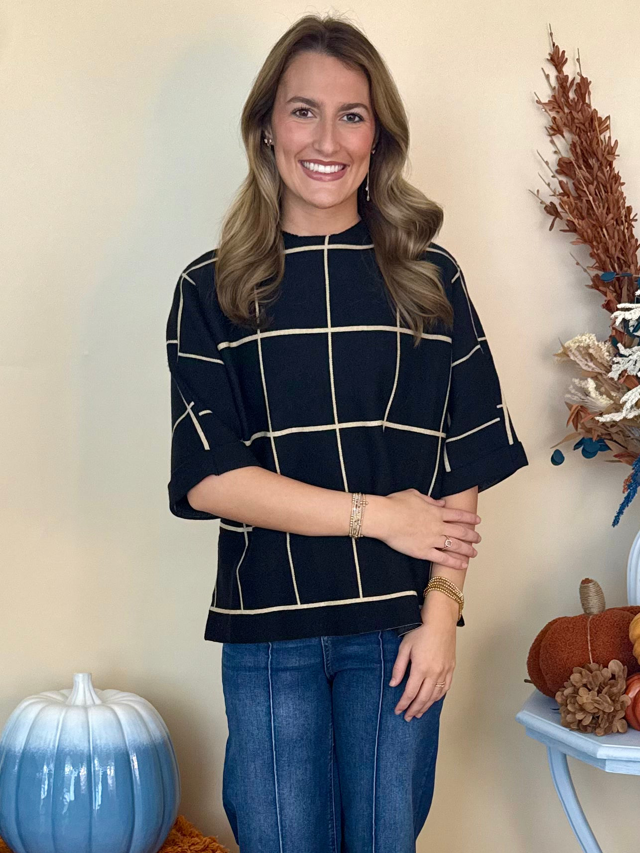 Modern Avenue Black Drop Shoulder Grid Pattern Sweater-Shop-Womens-Boutique-Clothing