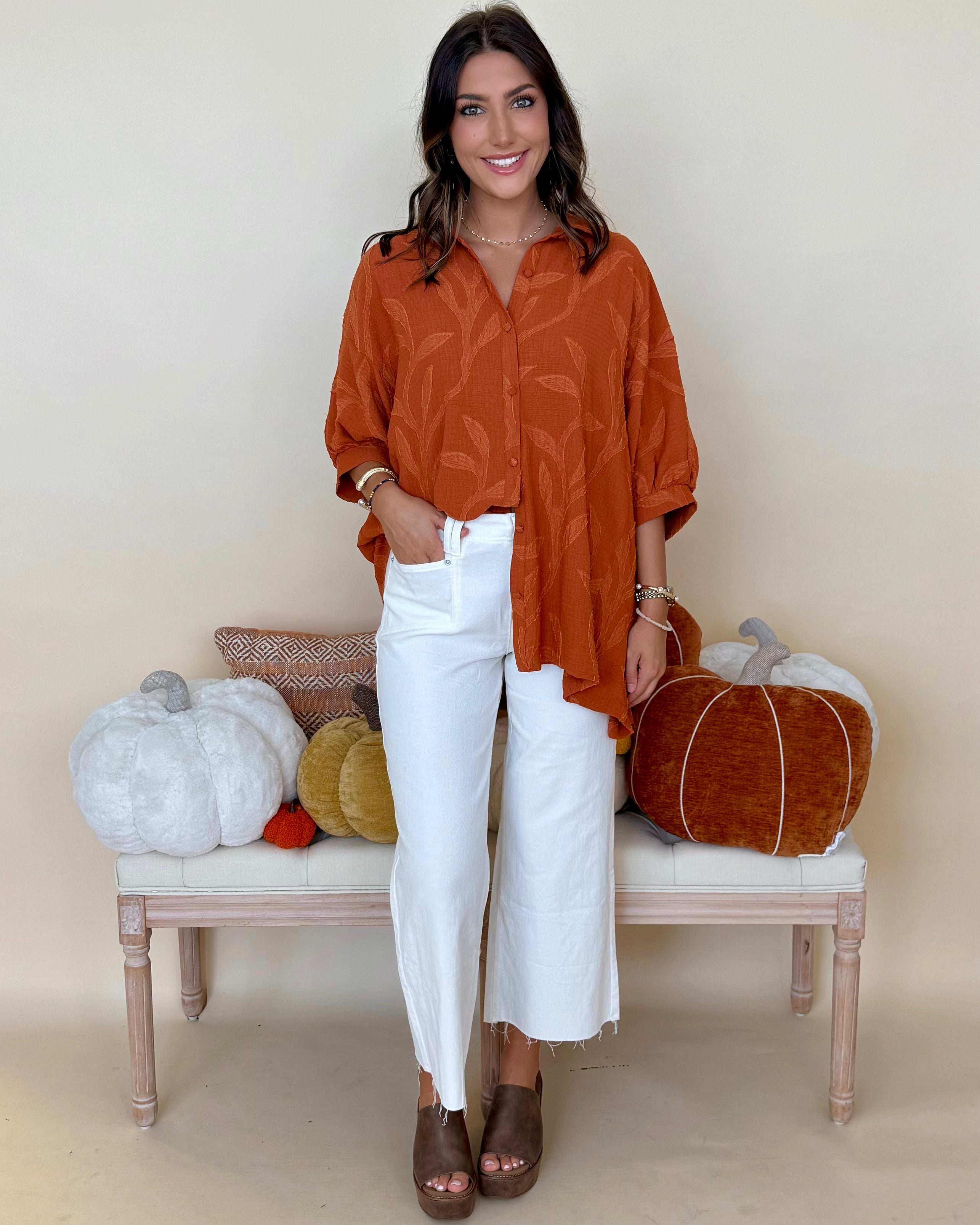 Softly Spoken Rust Jacquard Leaf Top-Shop-Womens-Boutique-Clothing