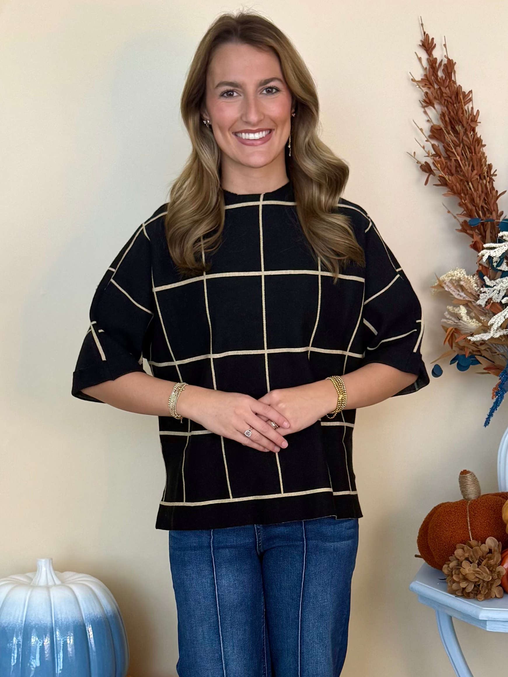Modern Avenue Black Drop Shoulder Grid Pattern Sweater-Shop-Womens-Boutique-Clothing