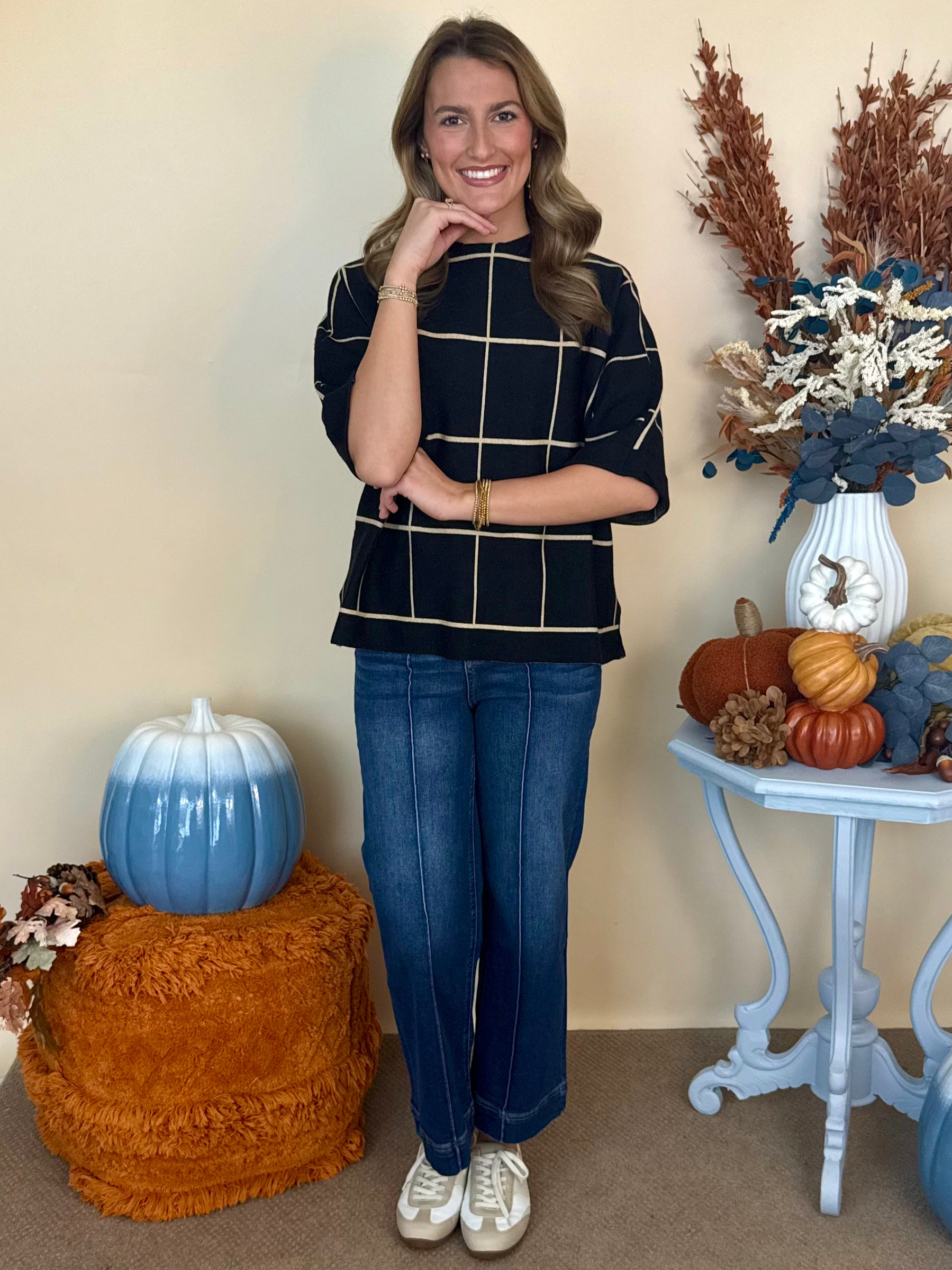 Modern Avenue Black Drop Shoulder Grid Pattern Sweater-Shop-Womens-Boutique-Clothing
