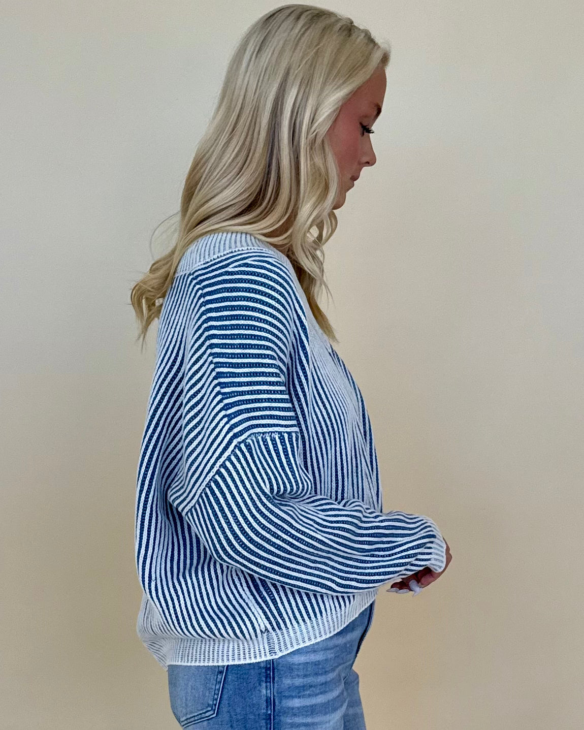 Own Moments Blue Striped V-Neck Sweater-Shop-Womens-Boutique-Clothing