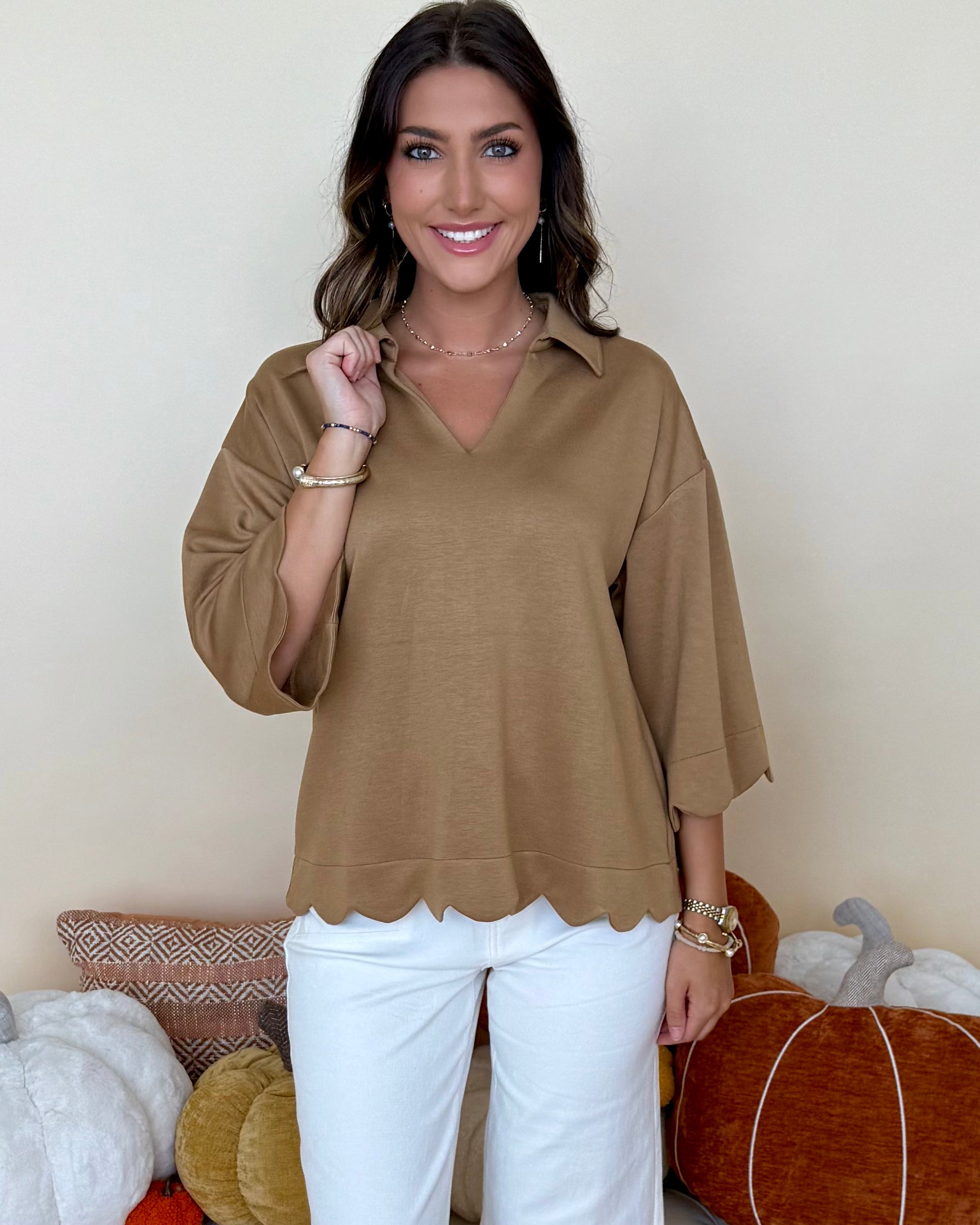 Cozy Cuddles Taupe Scallop Collared Top-Shop-Womens-Boutique-Clothing