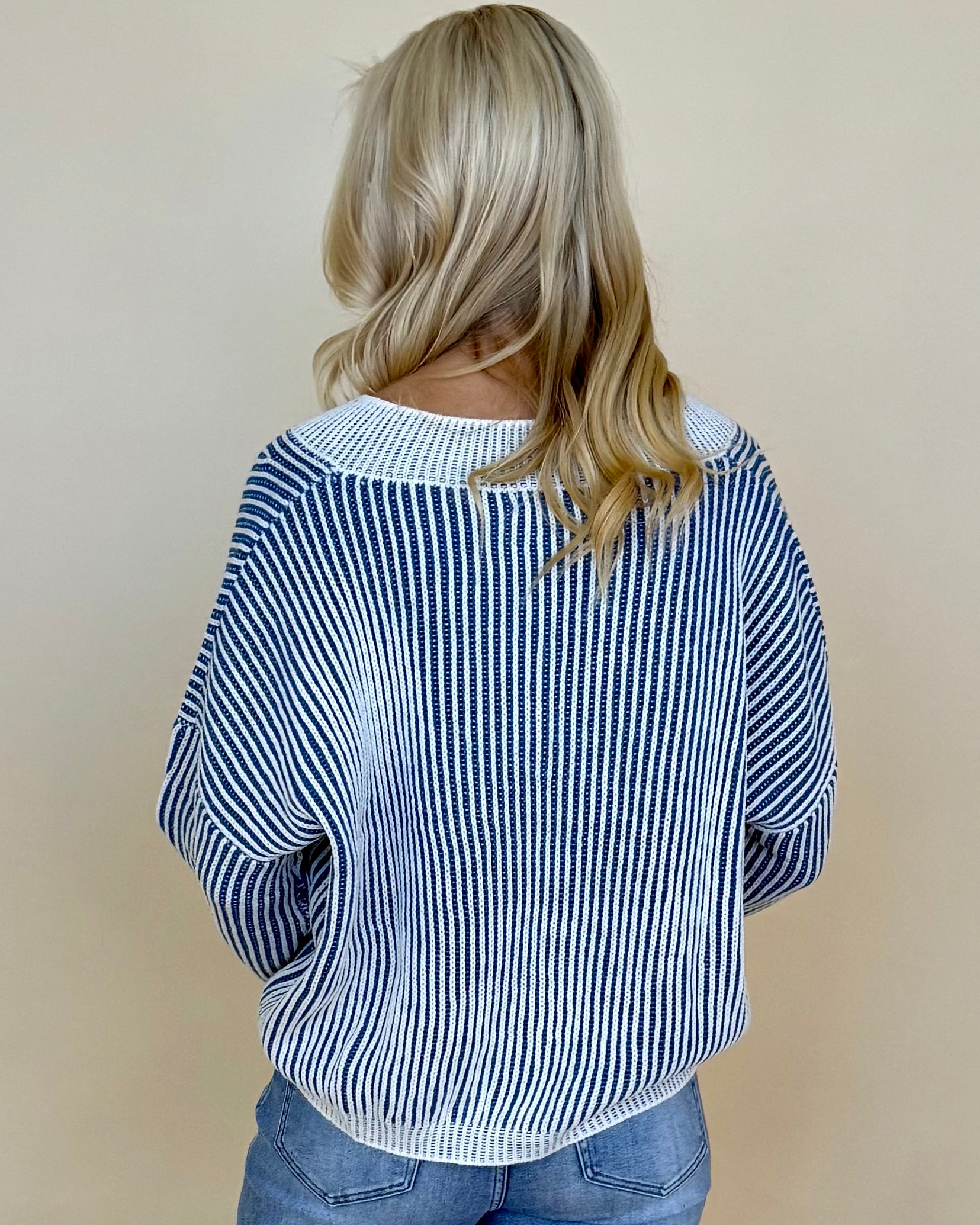 Own Moments Blue Striped V-Neck Sweater-Shop-Womens-Boutique-Clothing