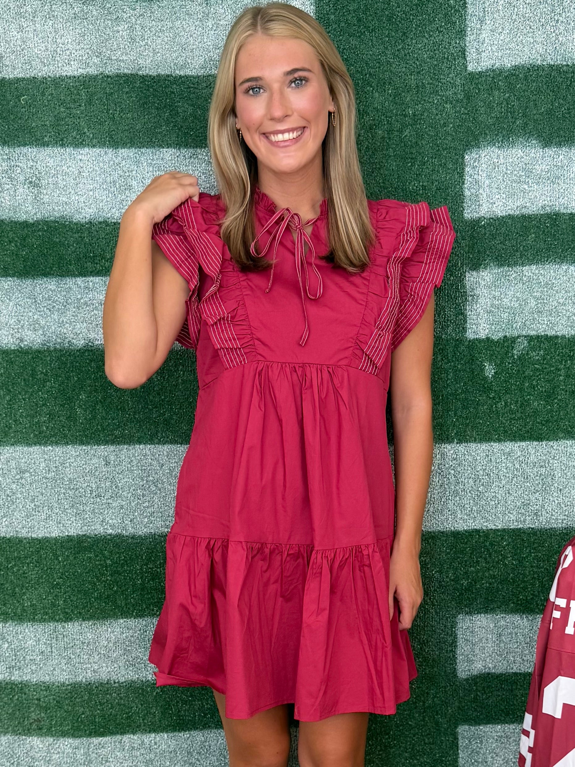 Touchdown Time Berry Ruffle Sleeve Dress-Shop-Womens-Boutique-Clothing