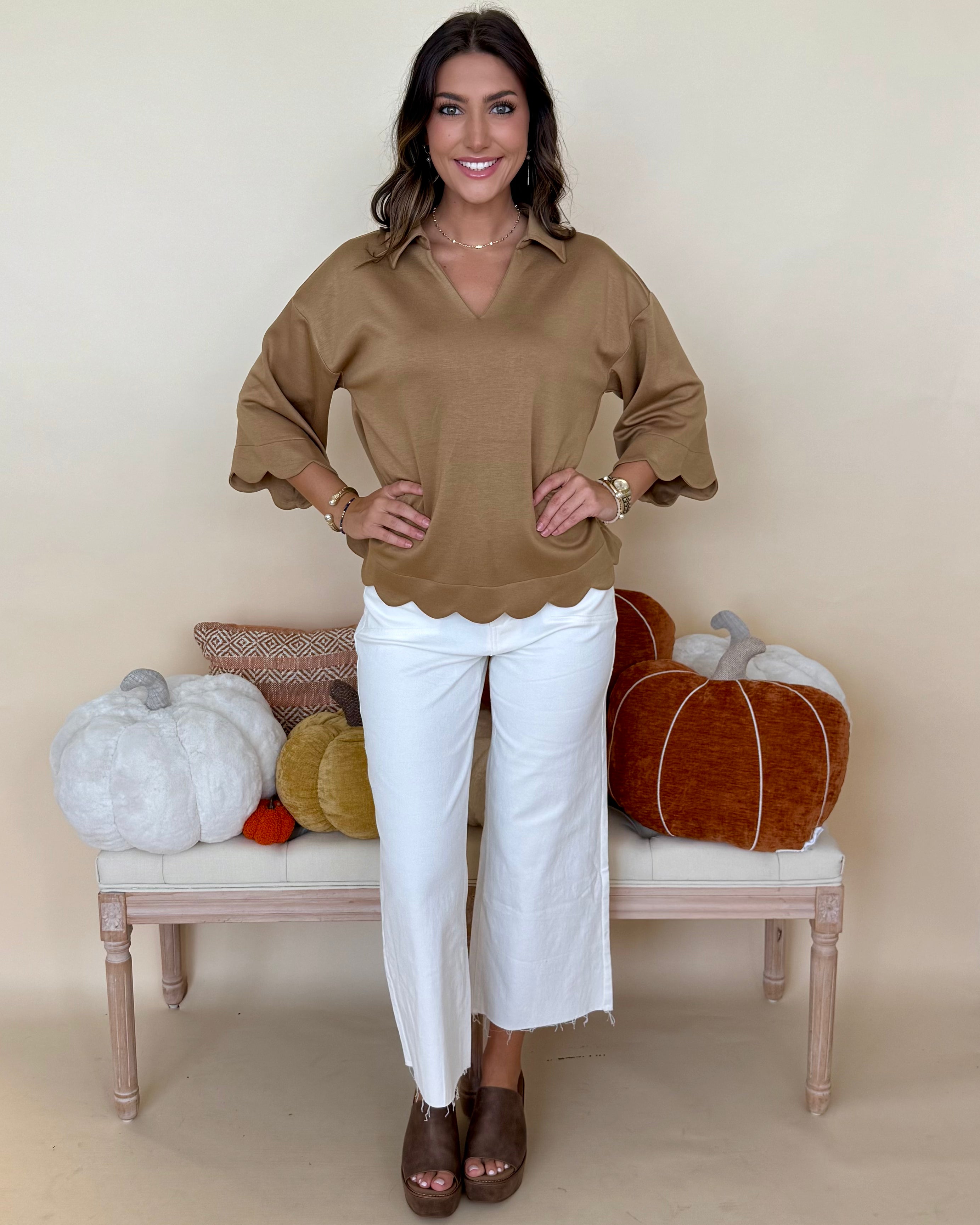 Cozy Cuddles Taupe Scallop Collared Top-Shop-Womens-Boutique-Clothing