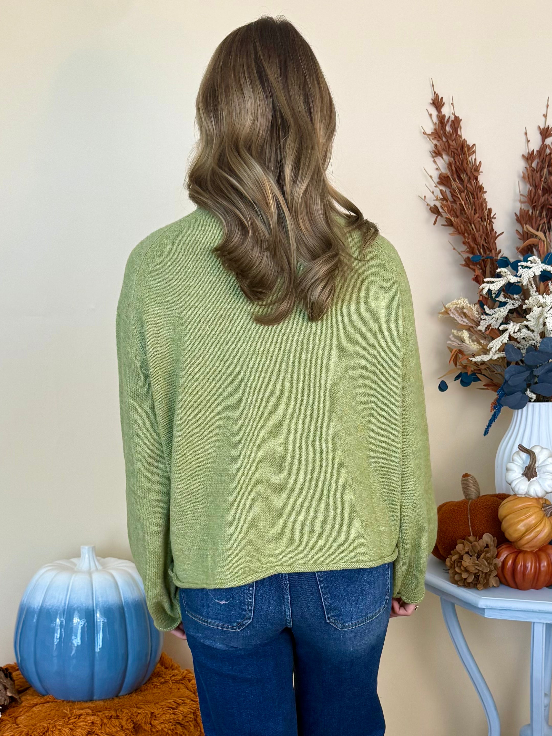 Free Spirit Olive Sardine Rolled Knit Sweater-Shop-Womens-Boutique-Clothing