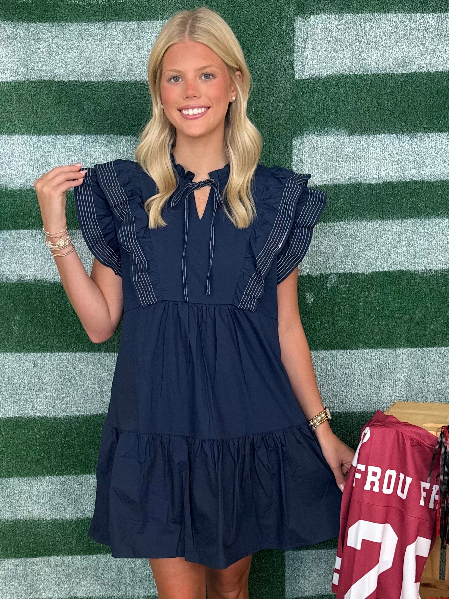 Touchdown Time Navy Ruffle Sleeve Dress-Shop-Womens-Boutique-Clothing