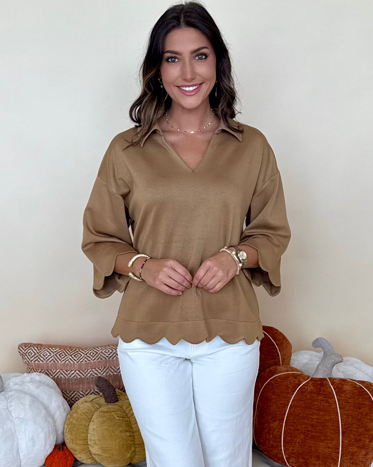 Cozy Cuddles Taupe Scallop Collared Top-Shop-Womens-Boutique-Clothing