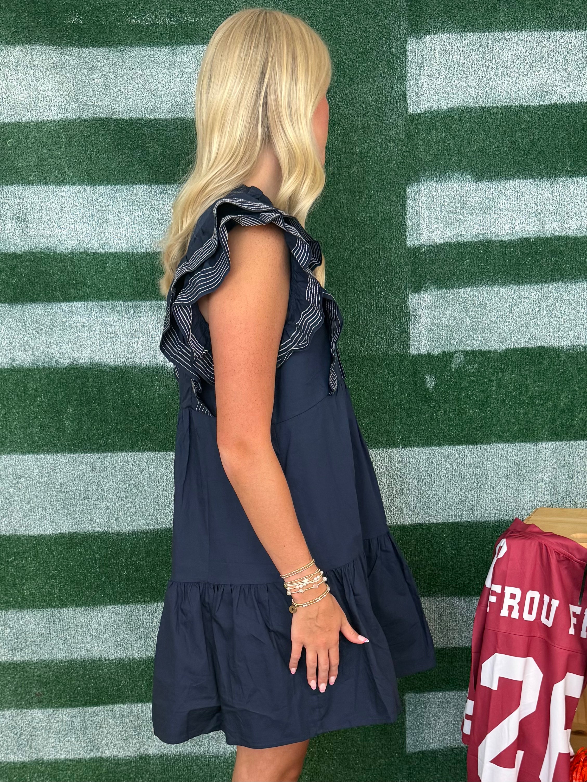 Touchdown Time Navy Ruffle Sleeve Dress-Shop-Womens-Boutique-Clothing