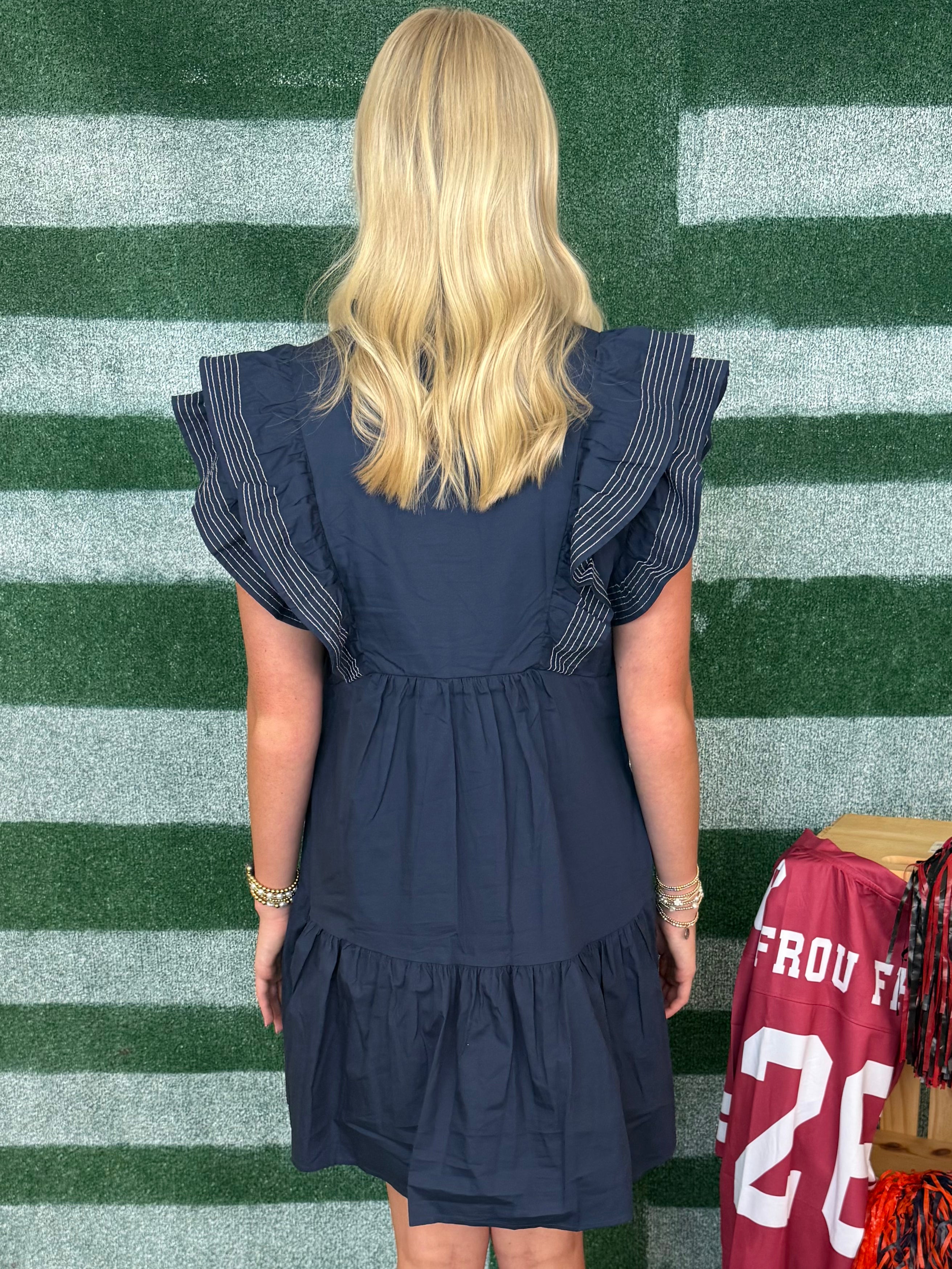 Touchdown Time Navy Ruffle Sleeve Dress-Shop-Womens-Boutique-Clothing