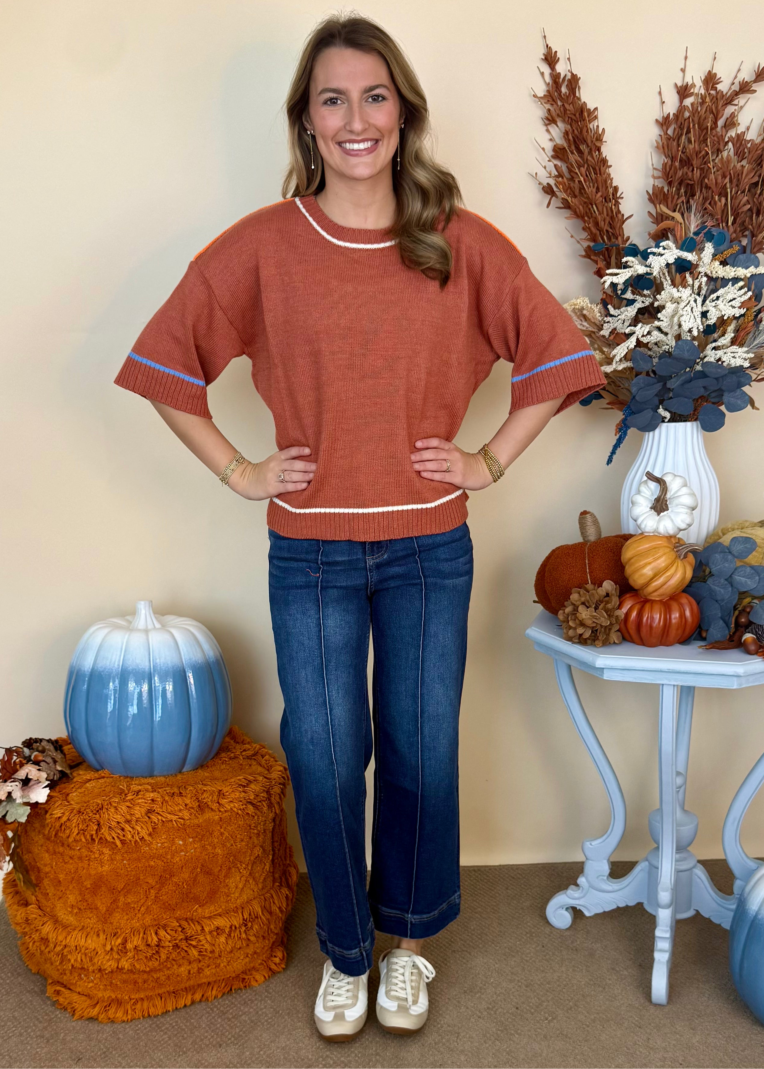 Hey Pumpkin Cinnamon Half Sleeve Contrast Sweater-Shop-Womens-Boutique-Clothing