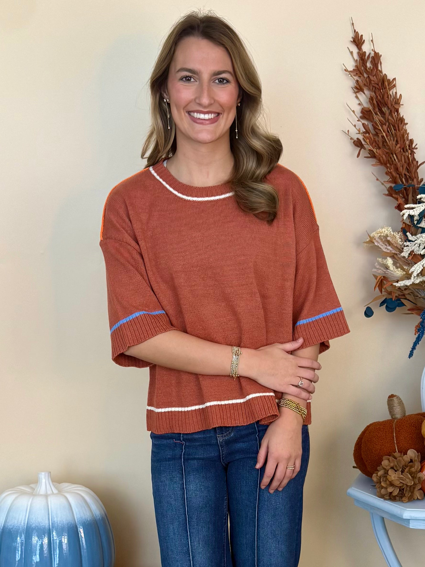 Hey Pumpkin Cinnamon Half Sleeve Contrast Sweater-Shop-Womens-Boutique-Clothing