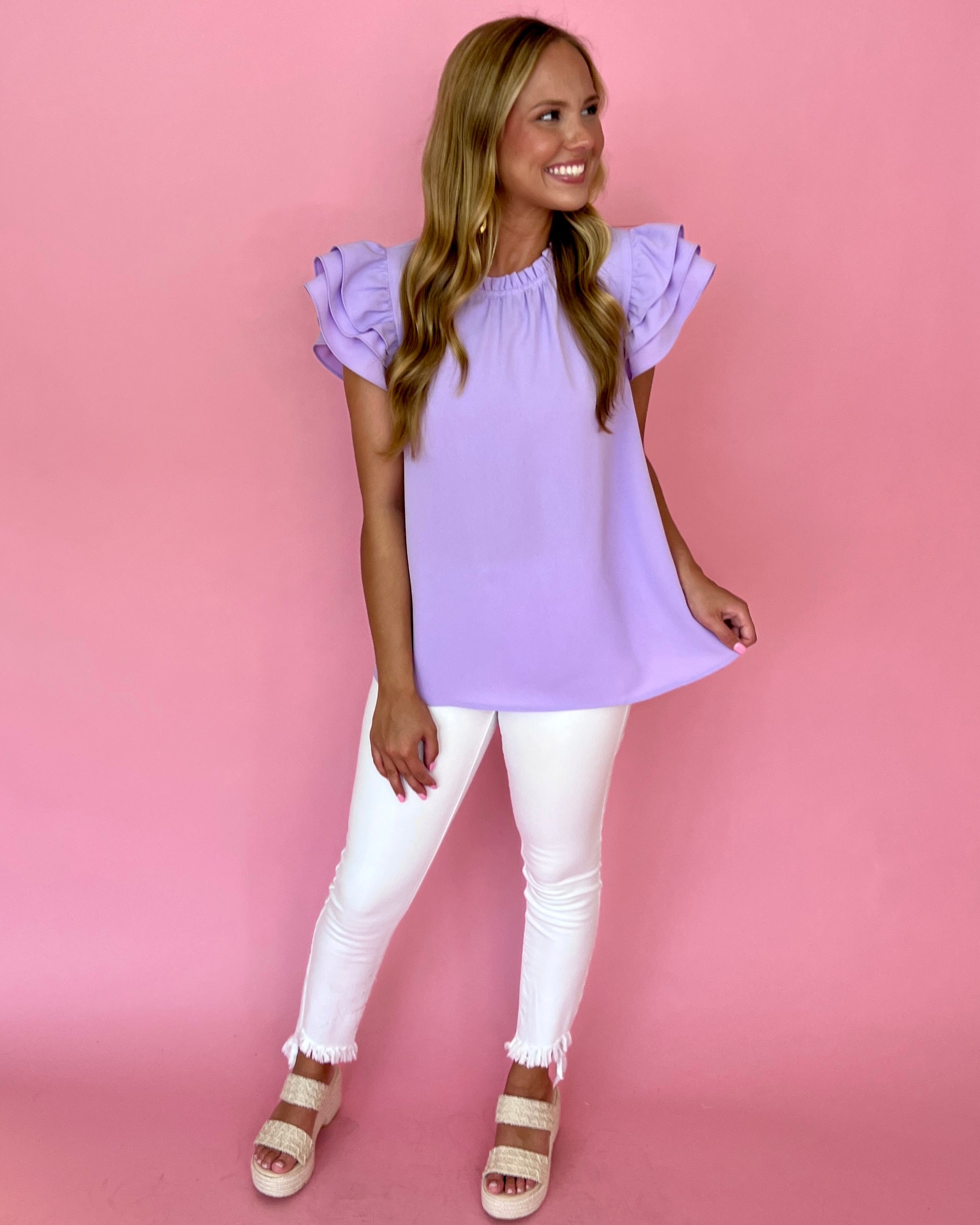 Sweet Daydreams Lavender High Neck Ruffle Sleeve Top-Shop-Womens-Boutique-Clothing
